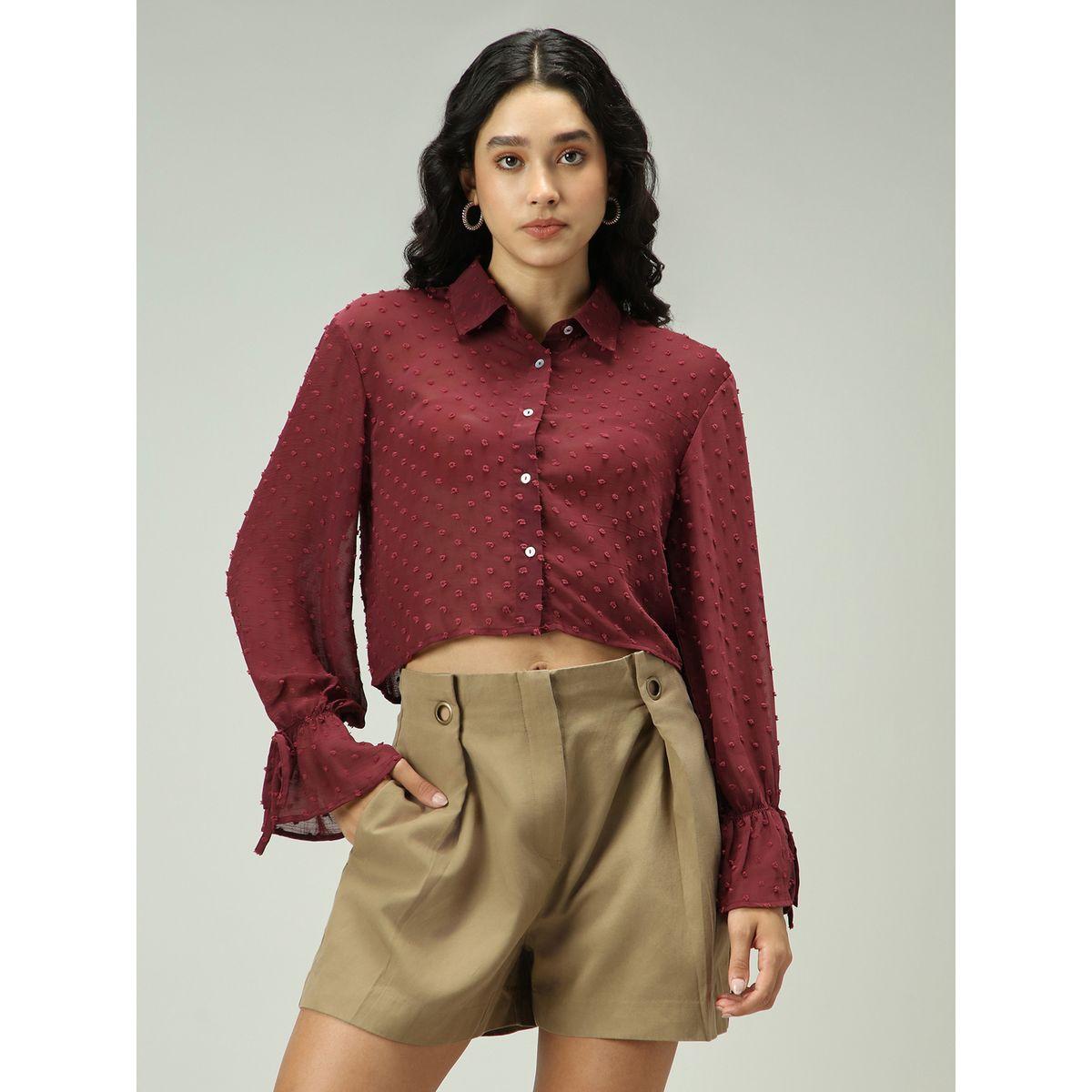 Outzidr X Styli Maroon Dobby Textured Shirt-women-clothing-shirtsandblouses-shirts-image-1