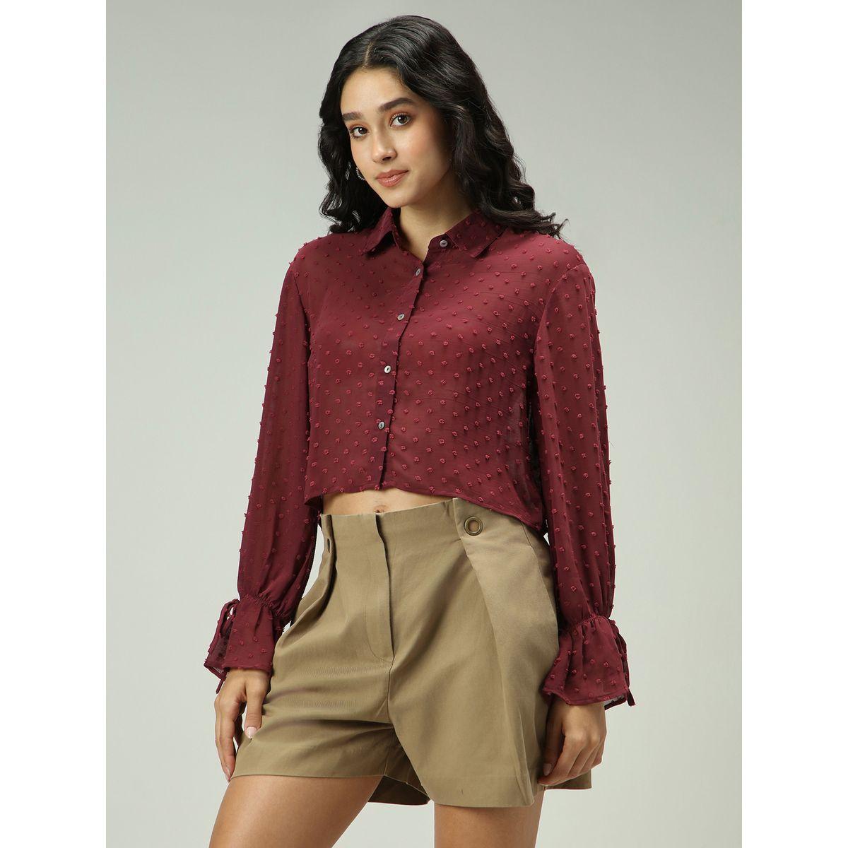 Outzidr X Styli Maroon Dobby Textured Shirt-women-clothing-shirtsandblouses-shirts-image-2