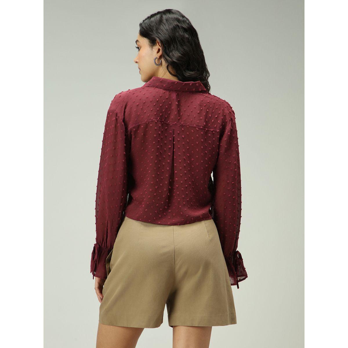 أوتزيدر × ستايلي - قميص دوبي منسوج لون مارون-women-clothing-shirtsandblouses-shirts-image-3