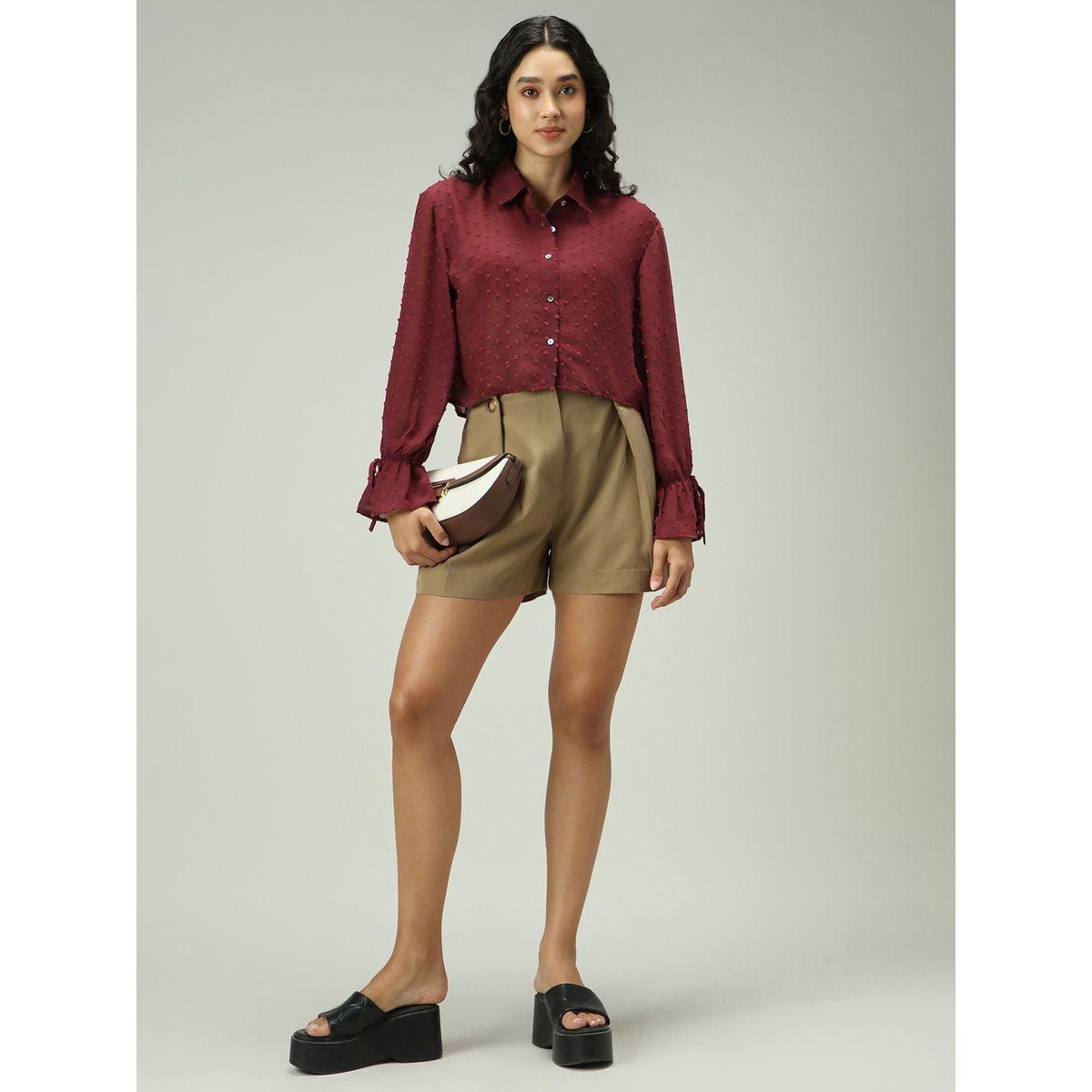 Outzidr X Styli Maroon Dobby Textured Shirt-women-clothing-shirtsandblouses-shirts-image-4