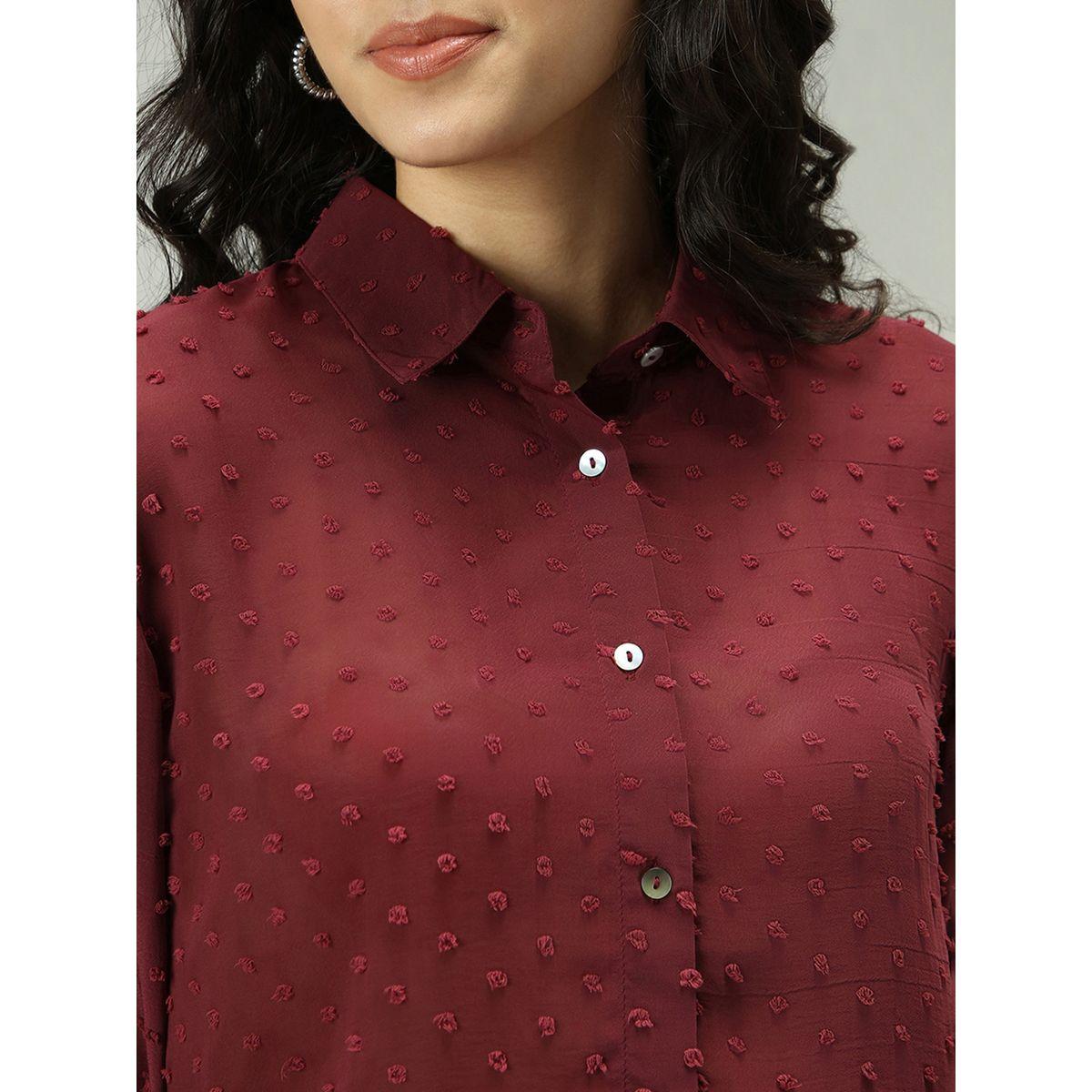 Outzidr X Styli Maroon Dobby Textured Shirt-women-clothing-shirtsandblouses-shirts-image-5