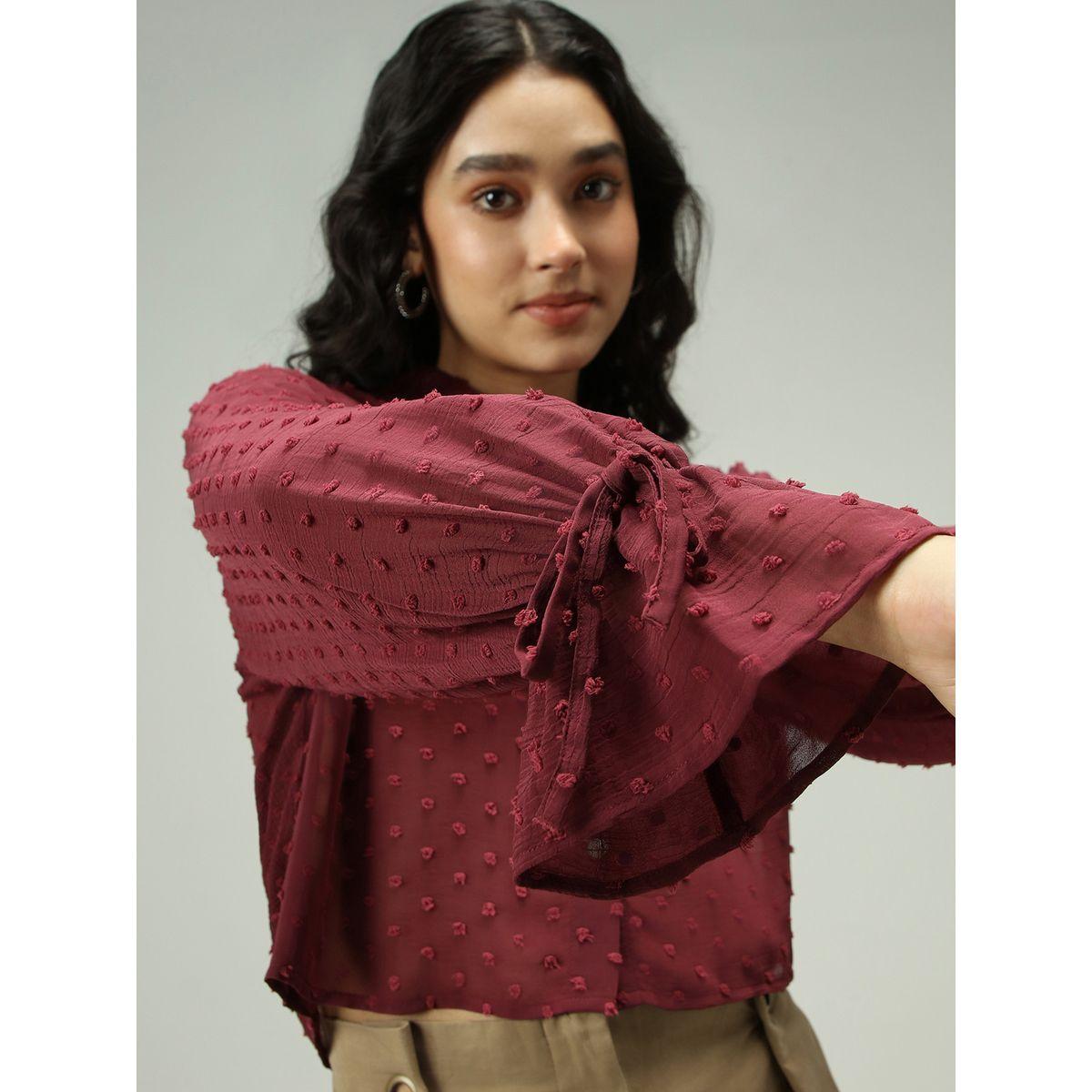 Outzidr X Styli Maroon Dobby Textured Shirt-women-clothing-shirtsandblouses-shirts-image-6