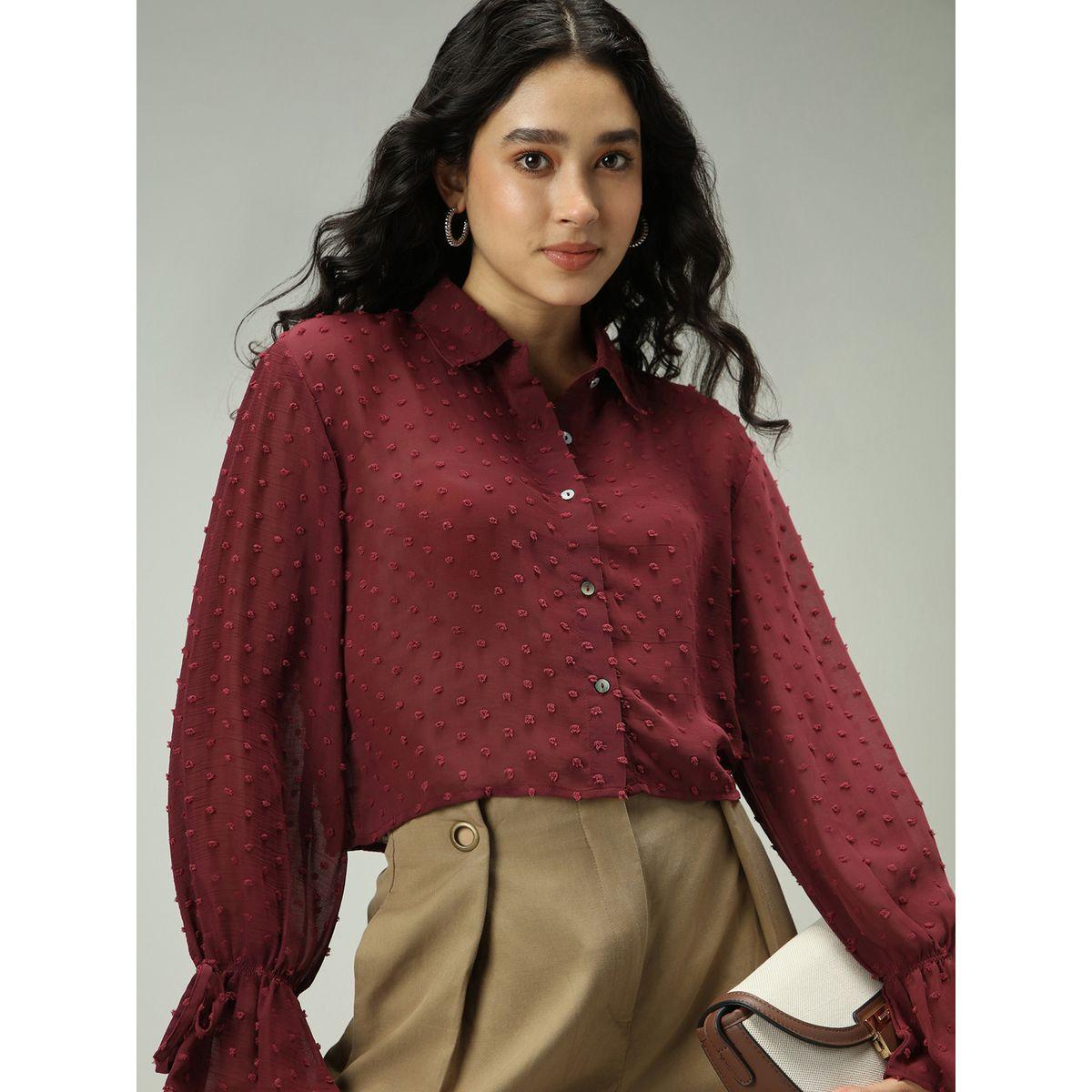 Outzidr X Styli Maroon Dobby Textured Shirt-women-clothing-shirtsandblouses-shirts-image-7
