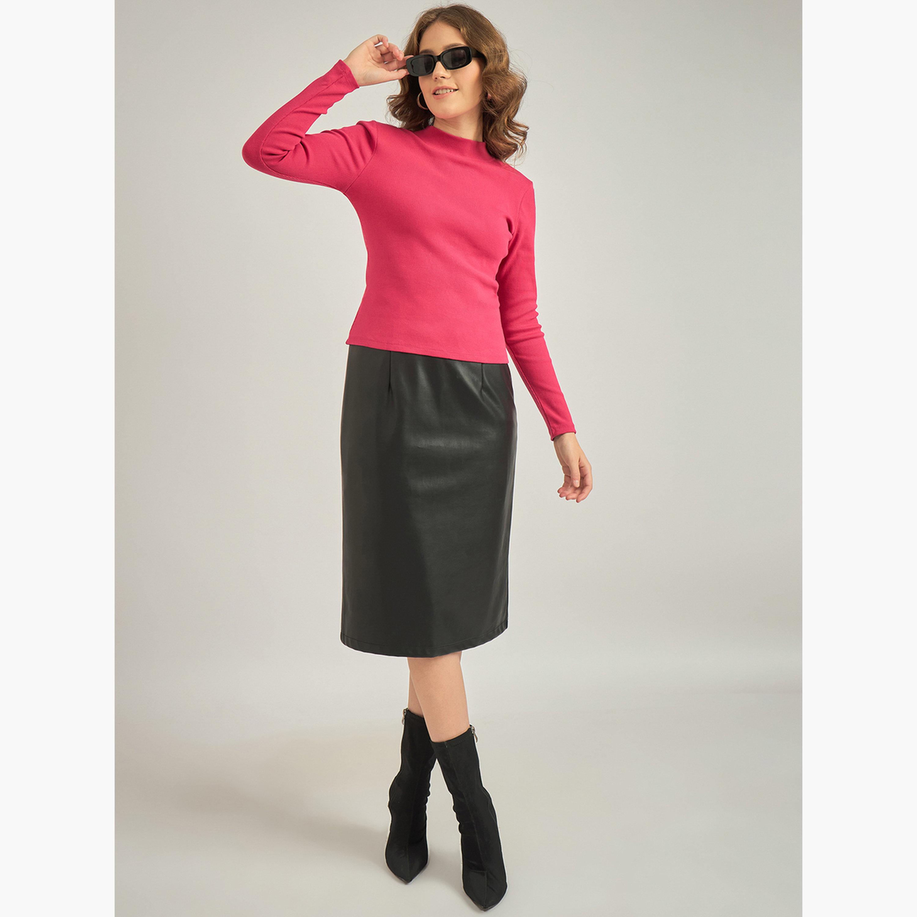 Outzidr X Styli Pink Basic Solid Fitted Ribbed Top-women-clothing-tshirts-image-2