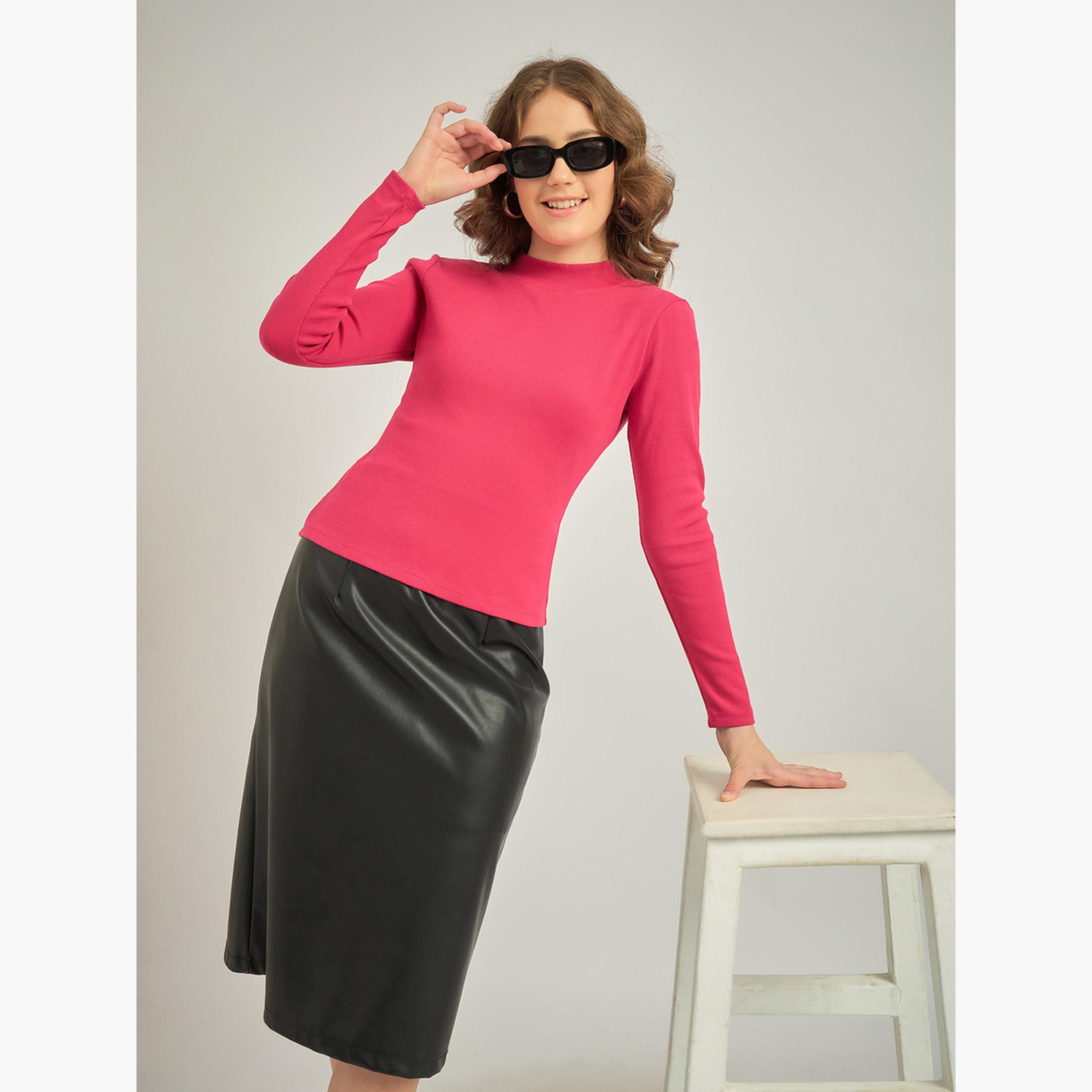 Outzidr X Styli Pink Basic Solid Fitted Ribbed Top-women-clothing-tshirts-image-3