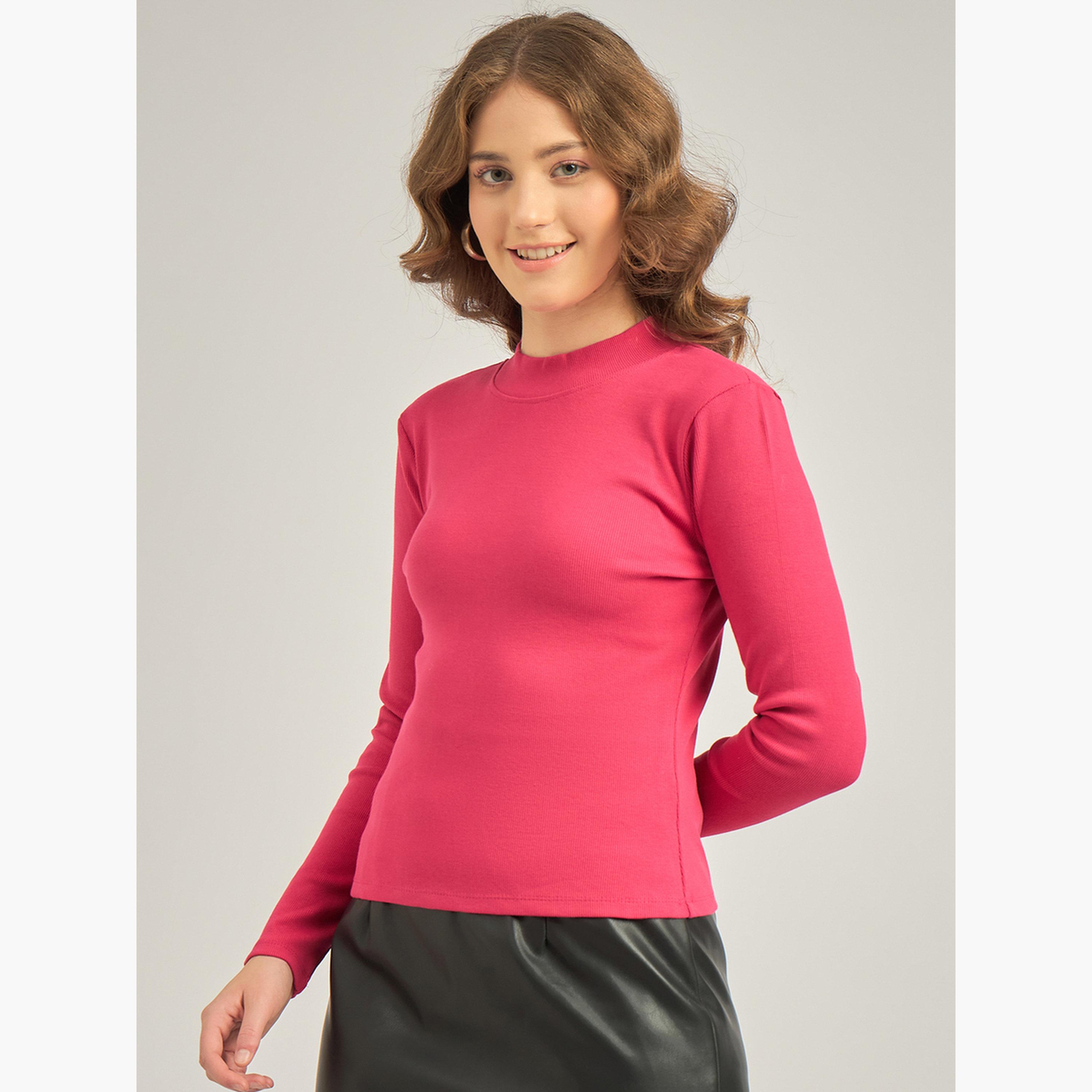 Outzidr X Styli Pink Basic Solid Fitted Ribbed Top-women-clothing-tshirts-image-4