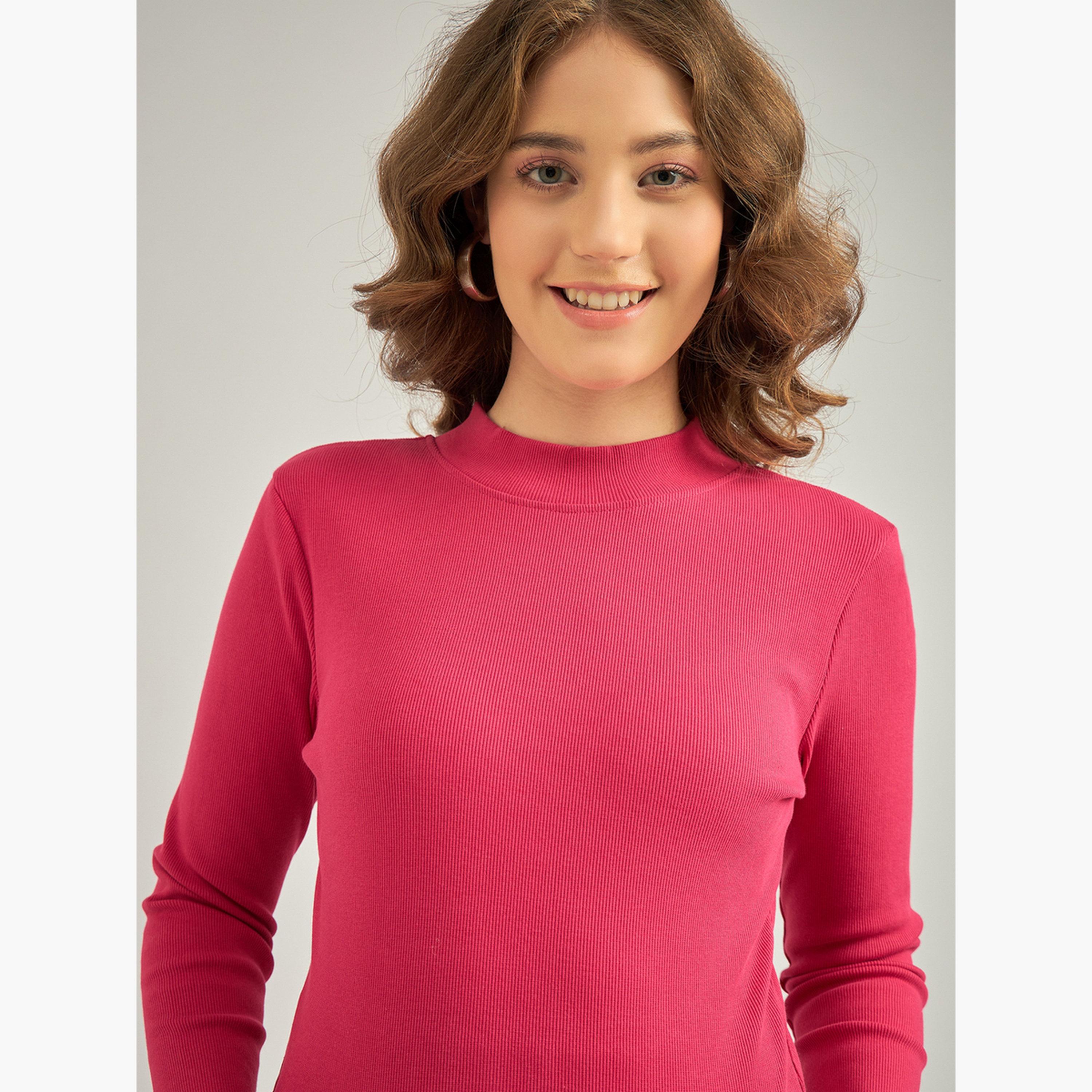 Outzidr X Styli Pink Basic Solid Fitted Ribbed Top-women-clothing-tshirts-image-5