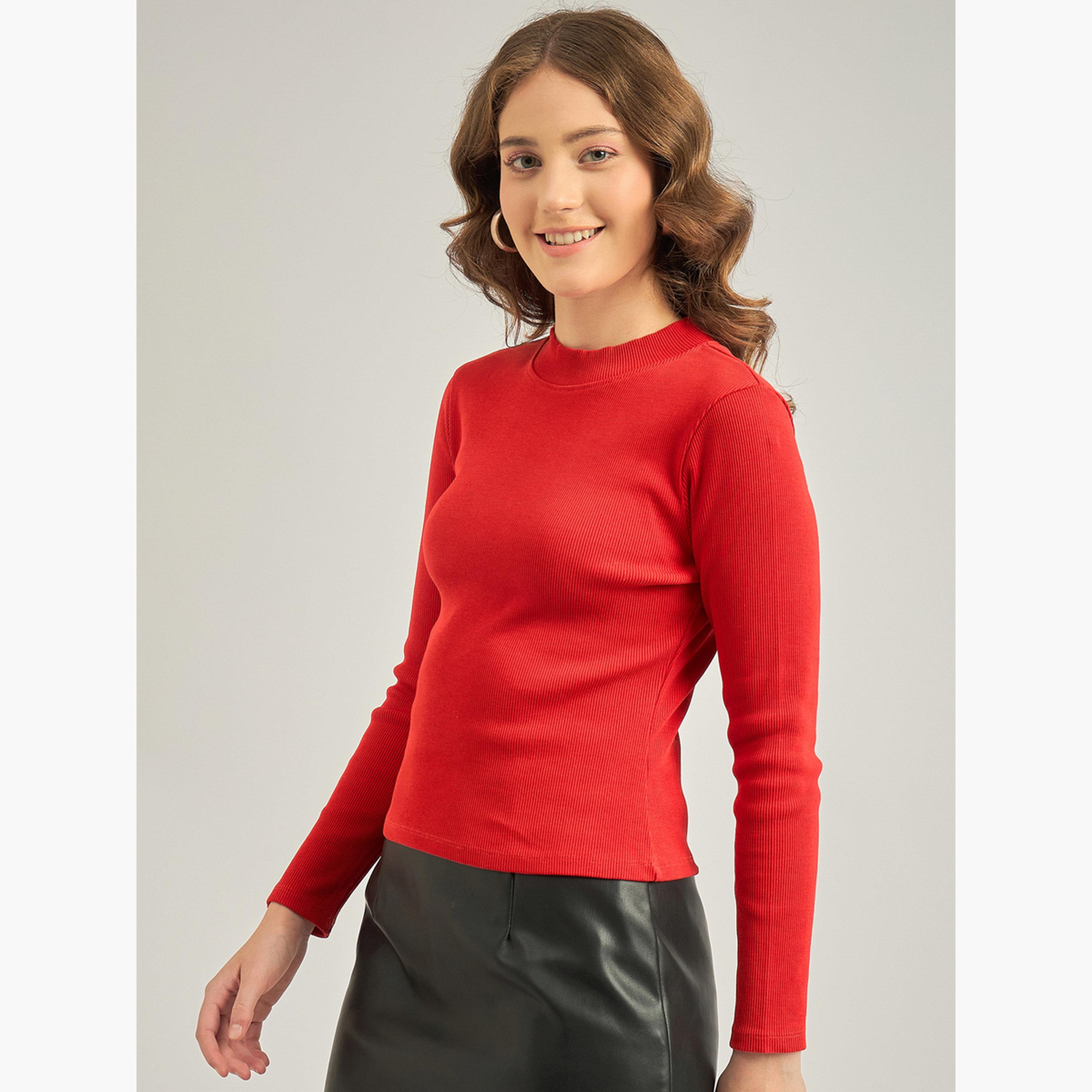 Outzidr X Styli Red Basic Solid Fitted Ribbed Top-women-clothing-tshirts-image-3