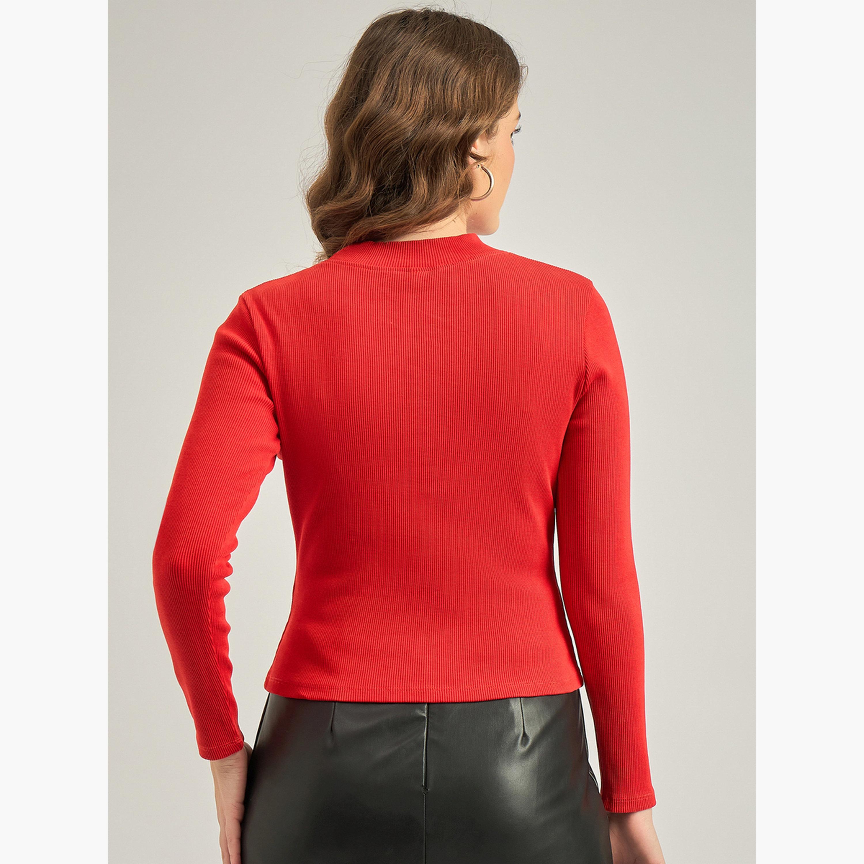 Outzidr X Styli Red Basic Solid Fitted Ribbed Top-women-clothing-tshirts-image-6