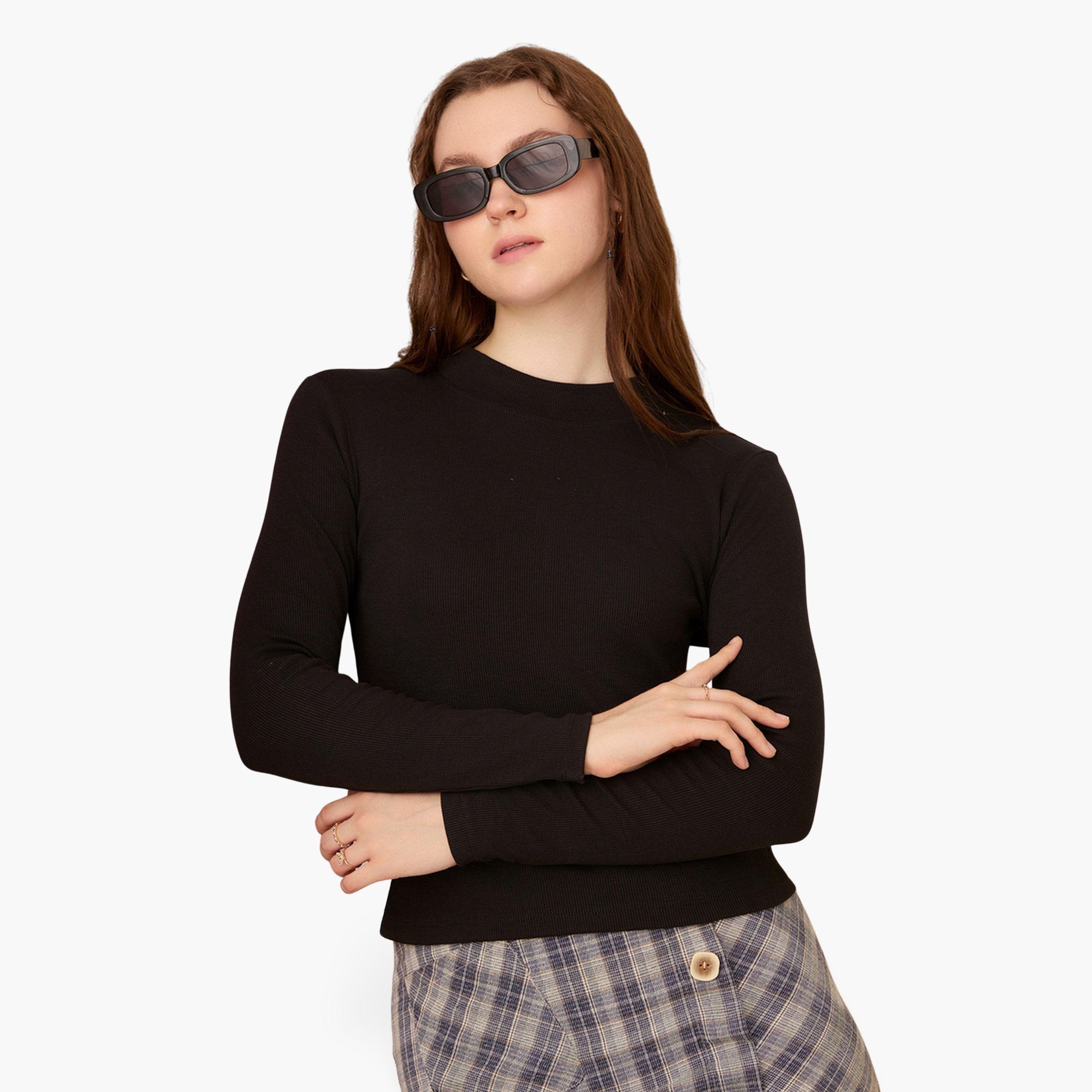 Outzidr X Styli Black Basic Solid Fitted Ribbed Top-women-clothing-tshirts-image-1