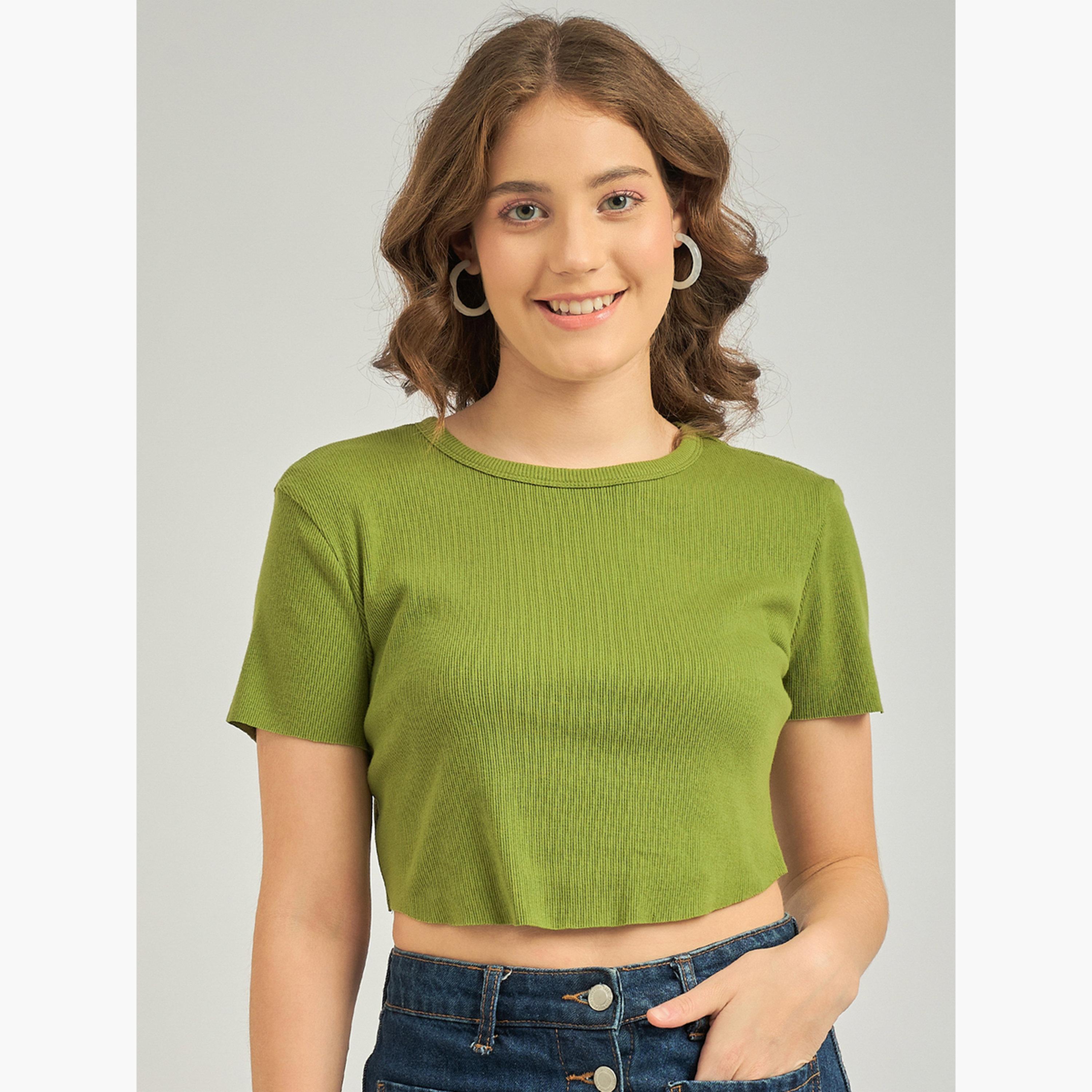 Outzidr X Styli Olive Round Neck Ribbed Top-women-clothing-tshirts-image-1