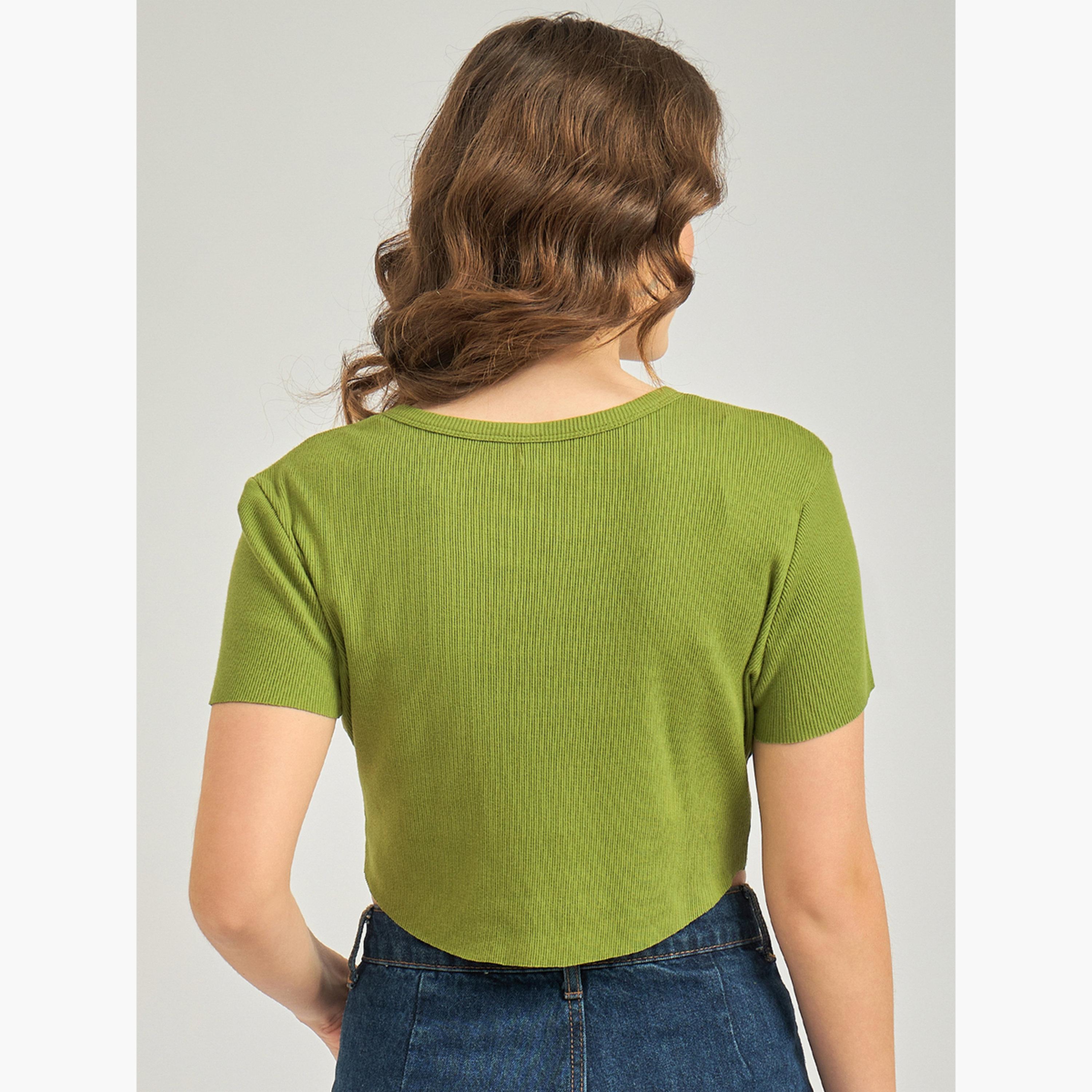 Outzidr X Styli Olive Round Neck Ribbed Top-women-clothing-tshirts-image-5
