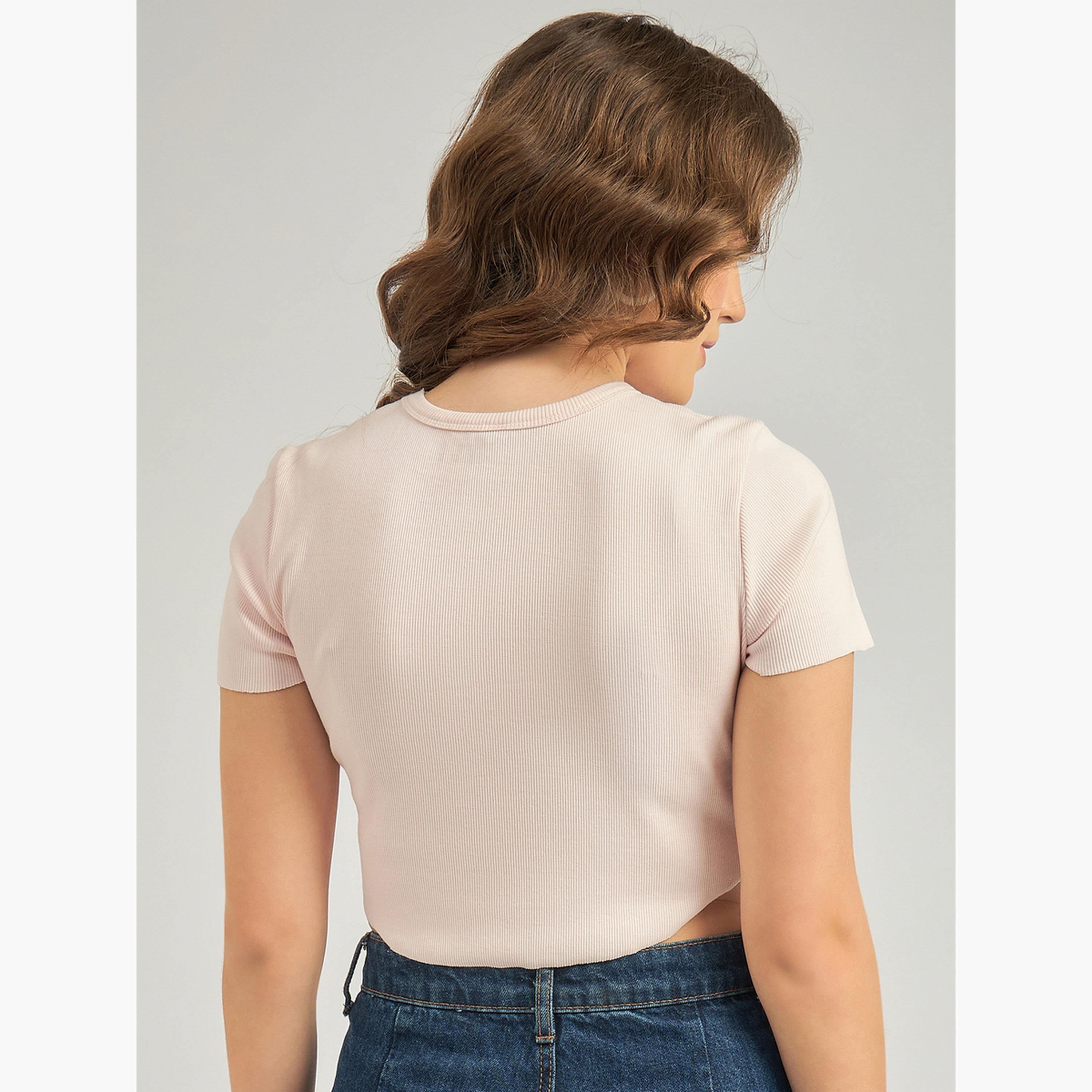 Outzidr X Styli Pink Round Neck Ribbed Top-women-clothing-tshirts-image-5