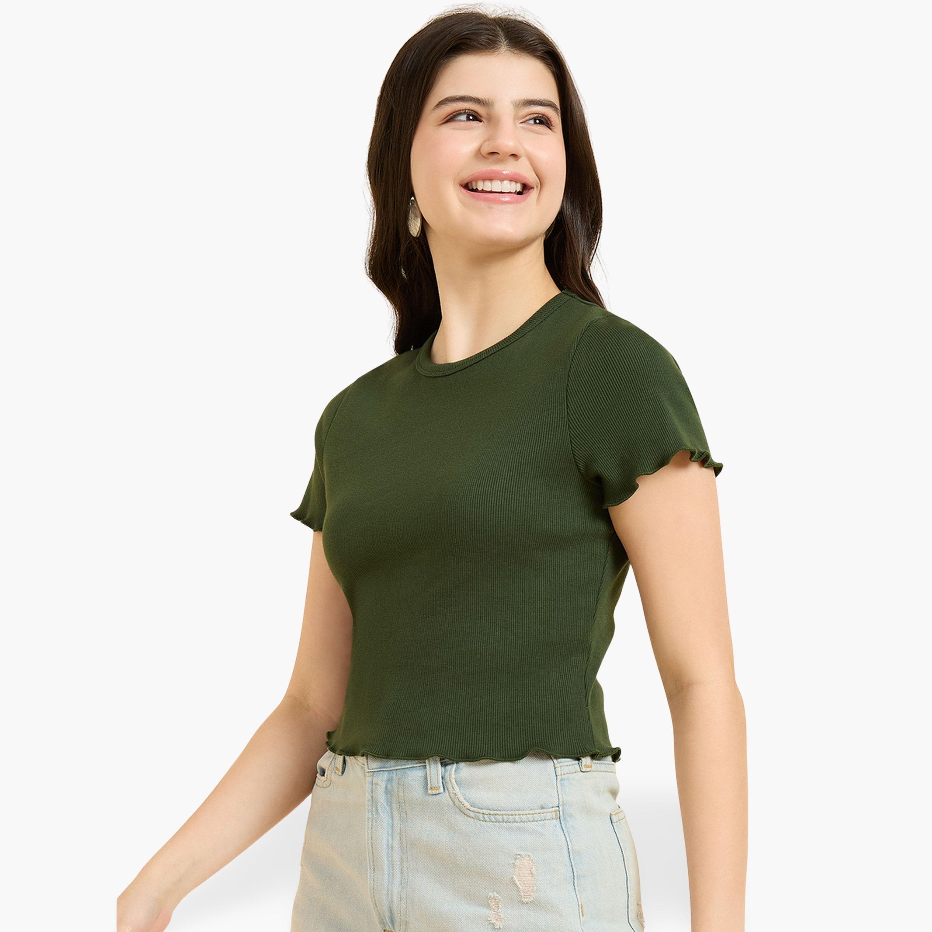 Outzidr X Styli Olive Scallop Hem Ribbed Top-women-clothing-tshirts-image-1