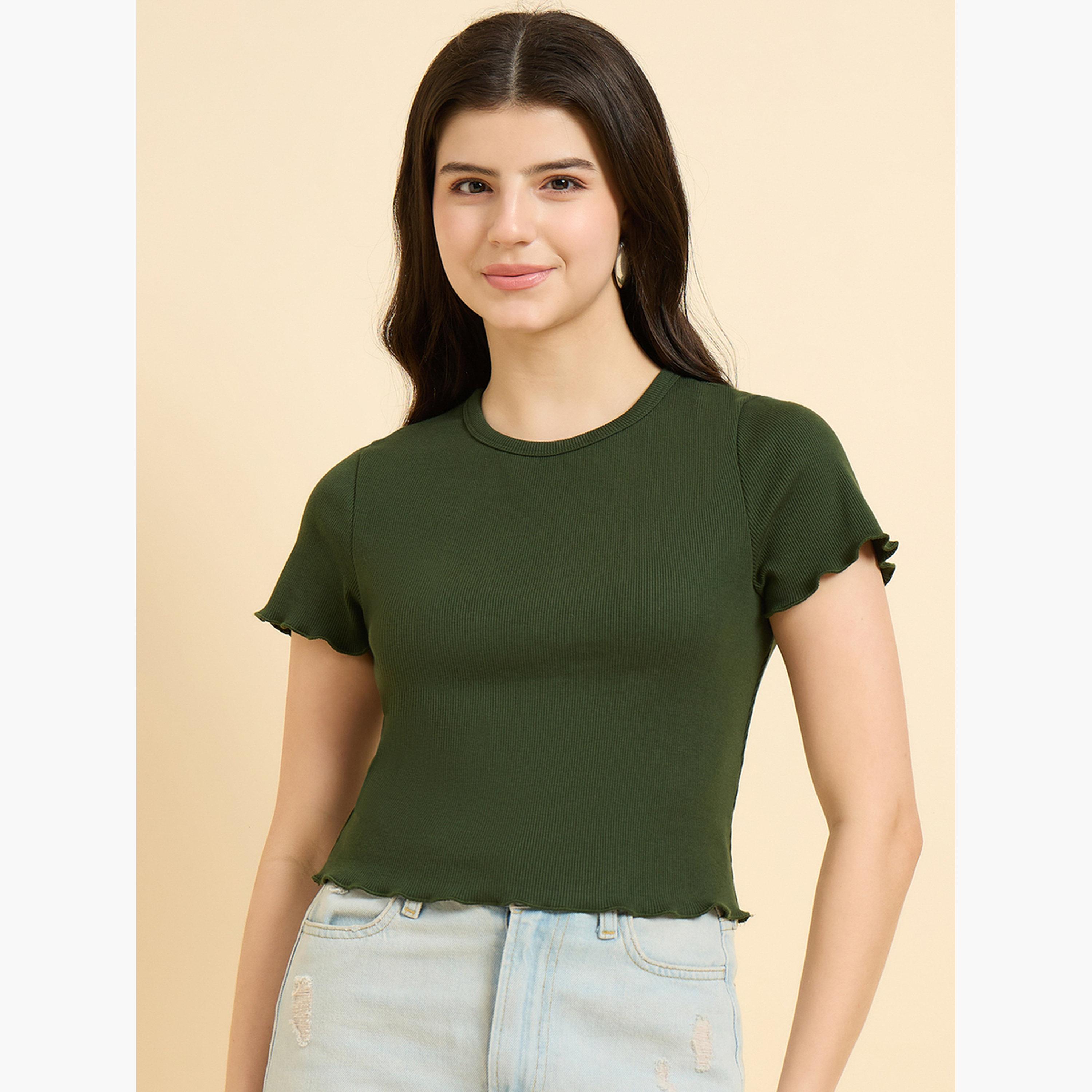 أوتزيدر × ستايلي - بلوزة ذات حافة صدفية زيتونية مضلعة-women-clothing-tshirts-image-2