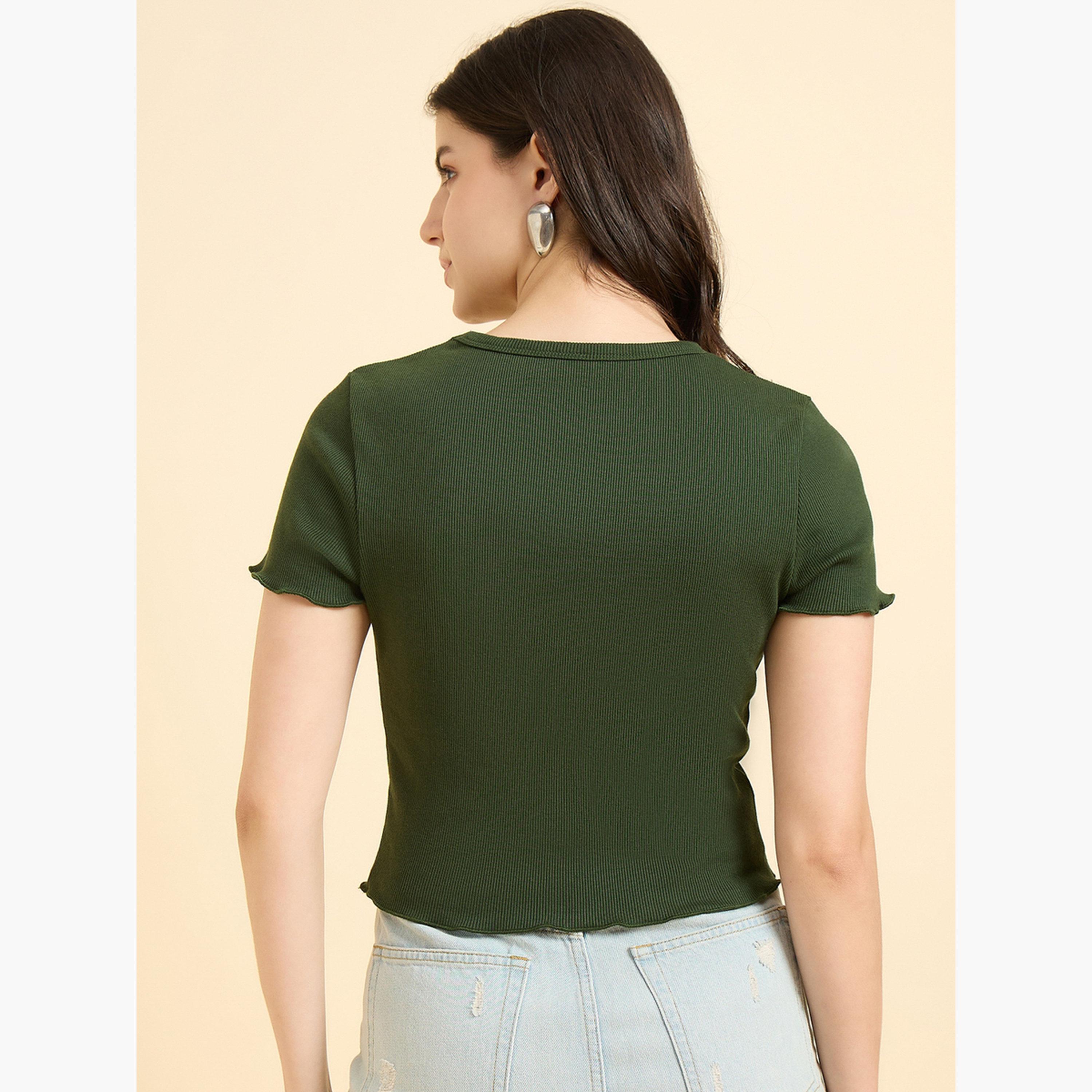 Outzidr X Styli Olive Scallop Hem Ribbed Top-women-clothing-tshirts-image-4