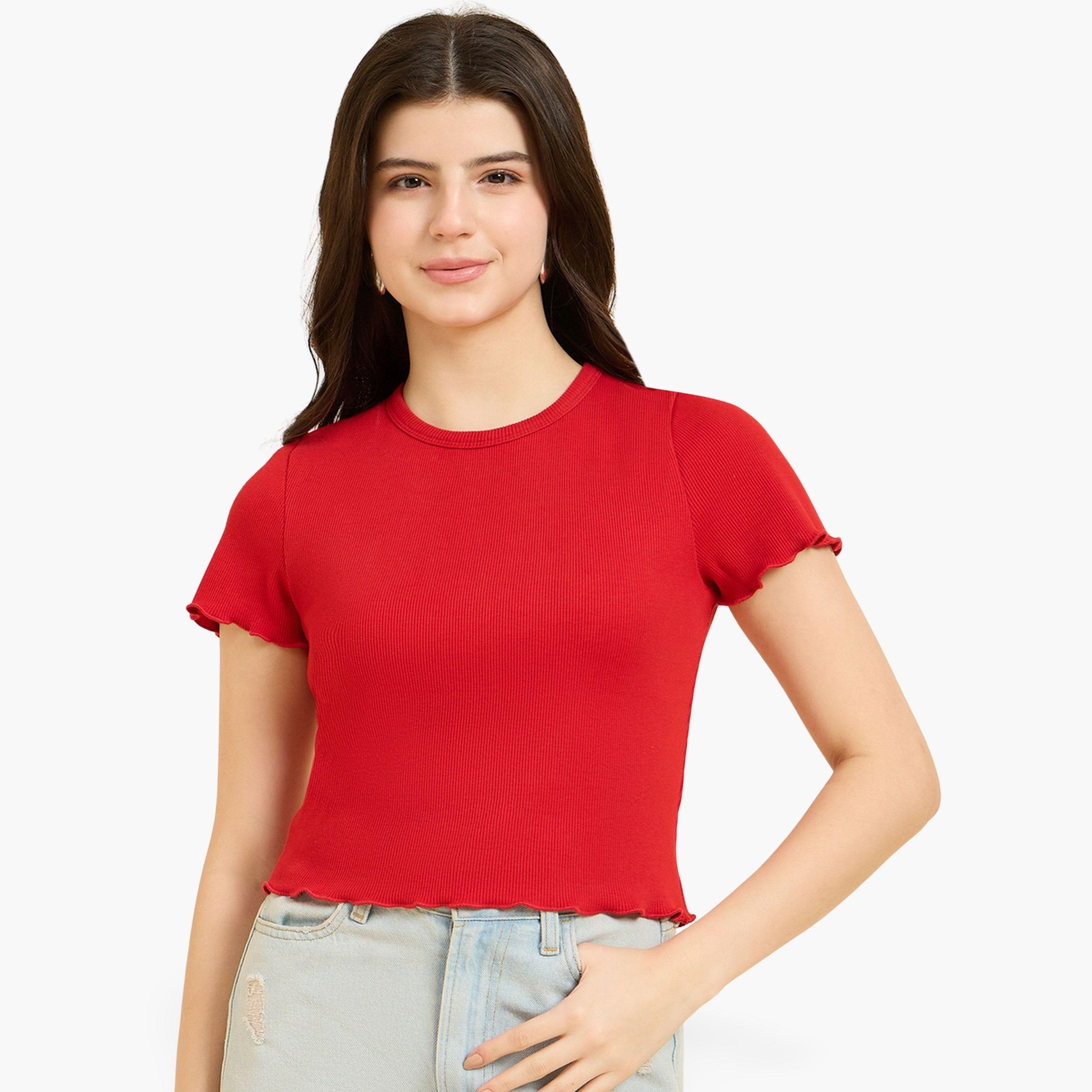 أوتزيدر × ستايلي - بلوزة حمراء مضلعة ذات حافة صدفية-women-clothing-tshirts-image-1