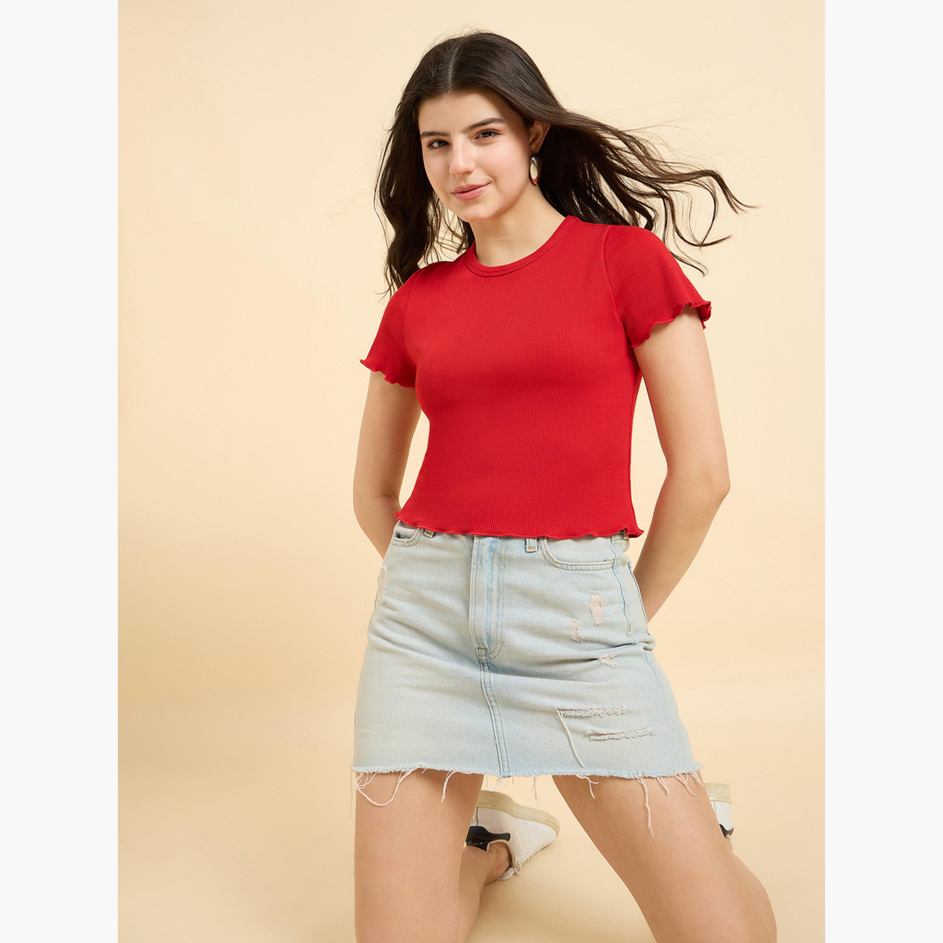 أوتزيدر × ستايلي - بلوزة حمراء مضلعة ذات حافة صدفية-women-clothing-tshirts-image-3