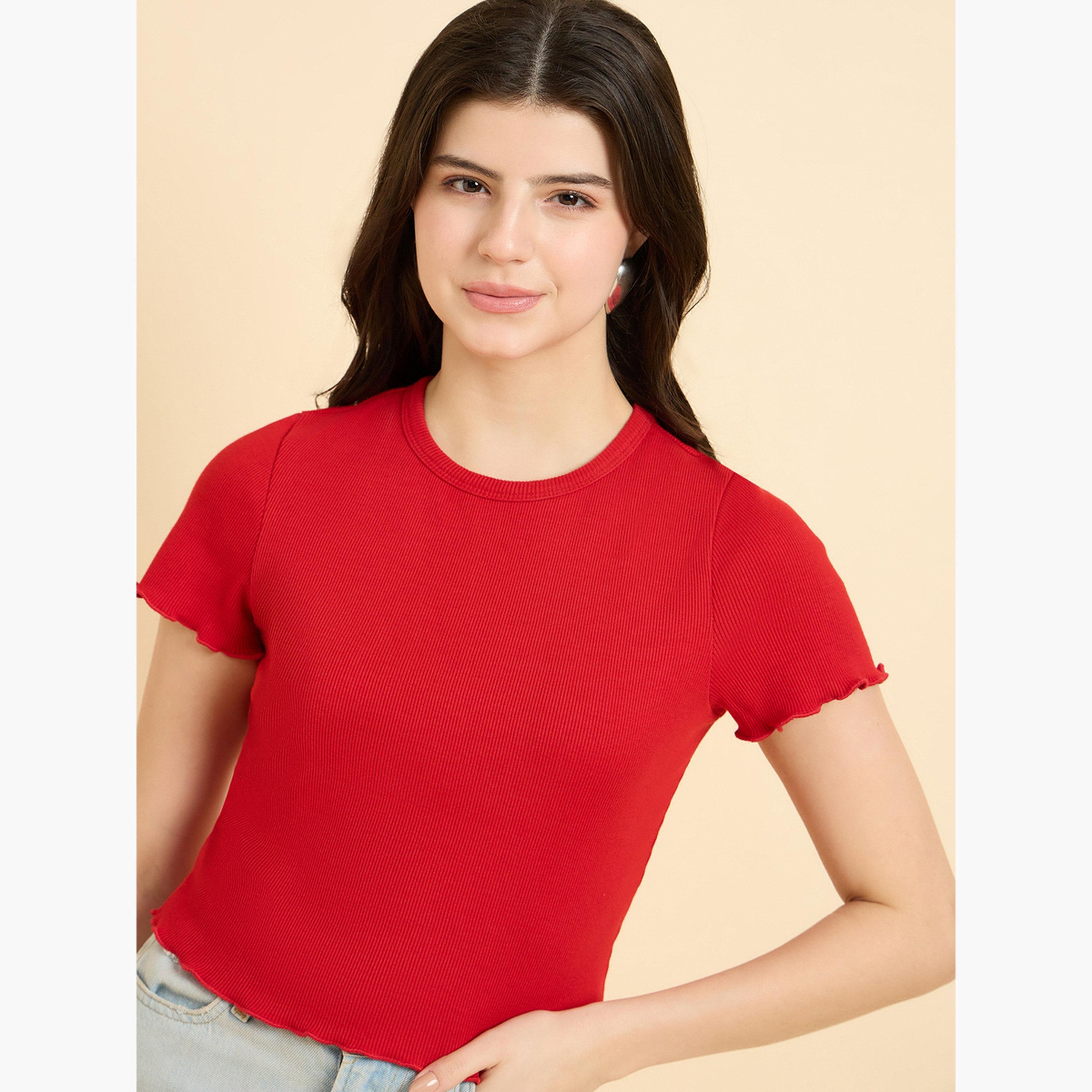 أوتزيدر × ستايلي - بلوزة حمراء مضلعة ذات حافة صدفية-women-clothing-tshirts-image-5
