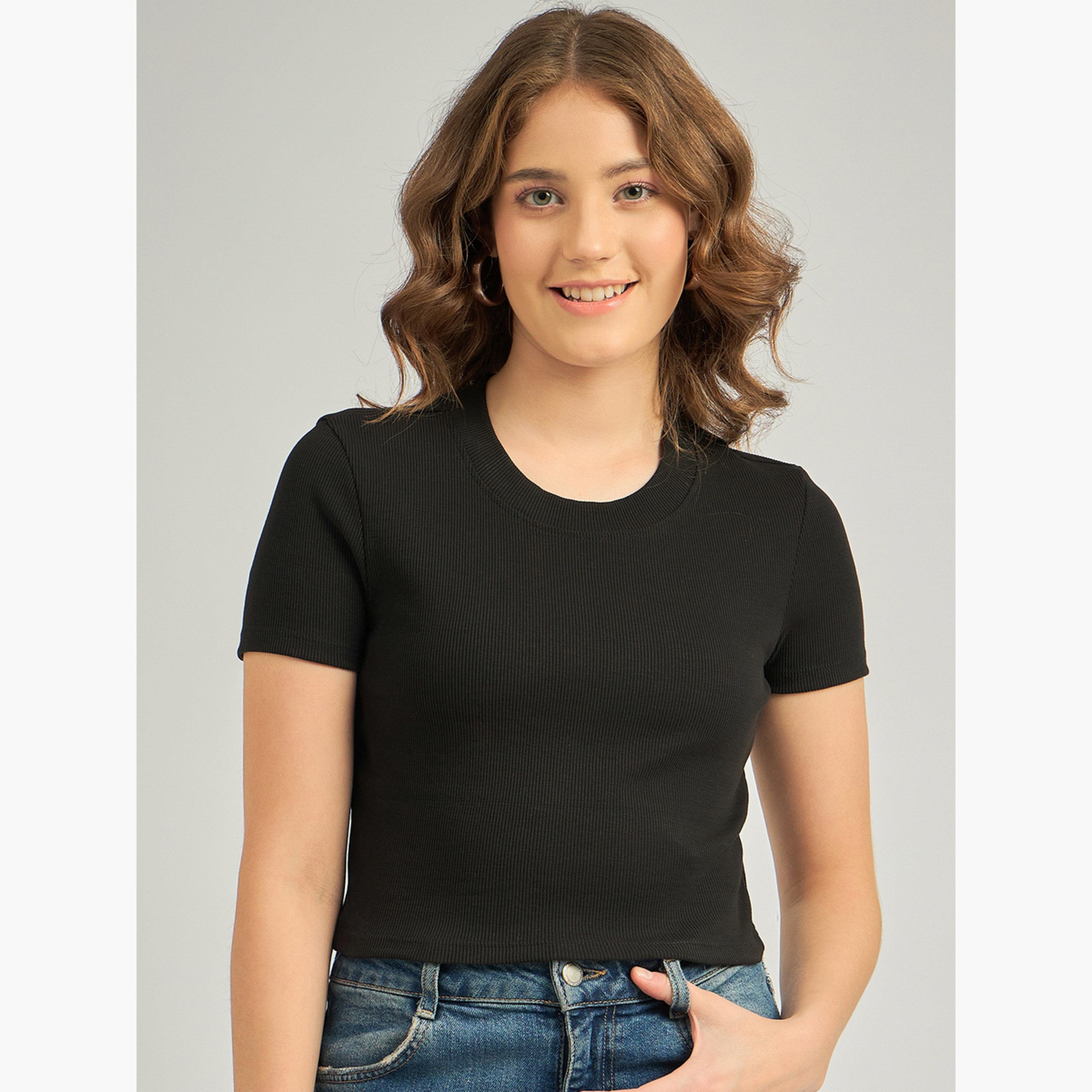 Outzidr X Styli Black Basic Fitted Ribbed Top-women-clothing-tshirts-image-1