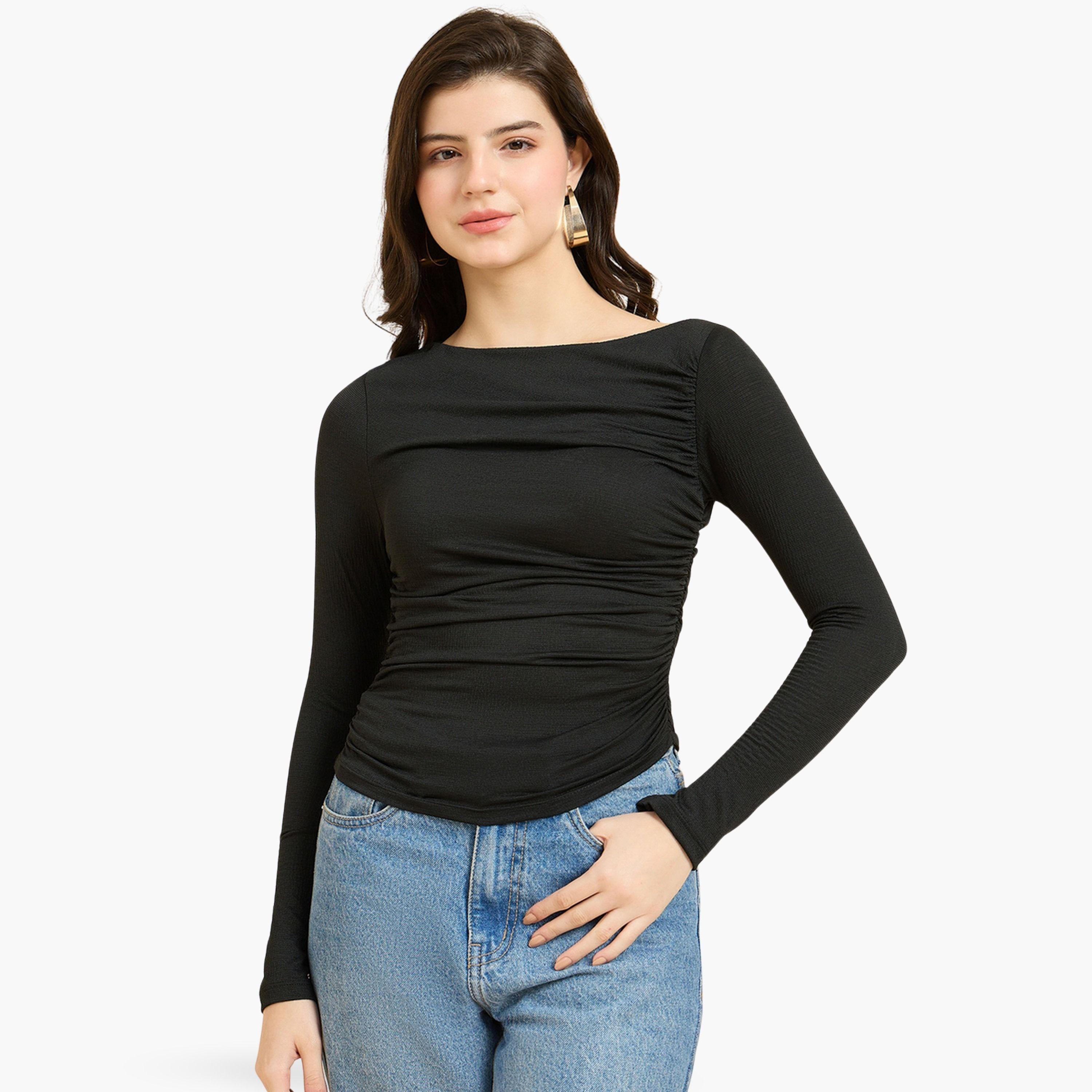Outzidr X Styli Black Solid Long Sleeves Knit Top-women-clothing-tshirts-image-1