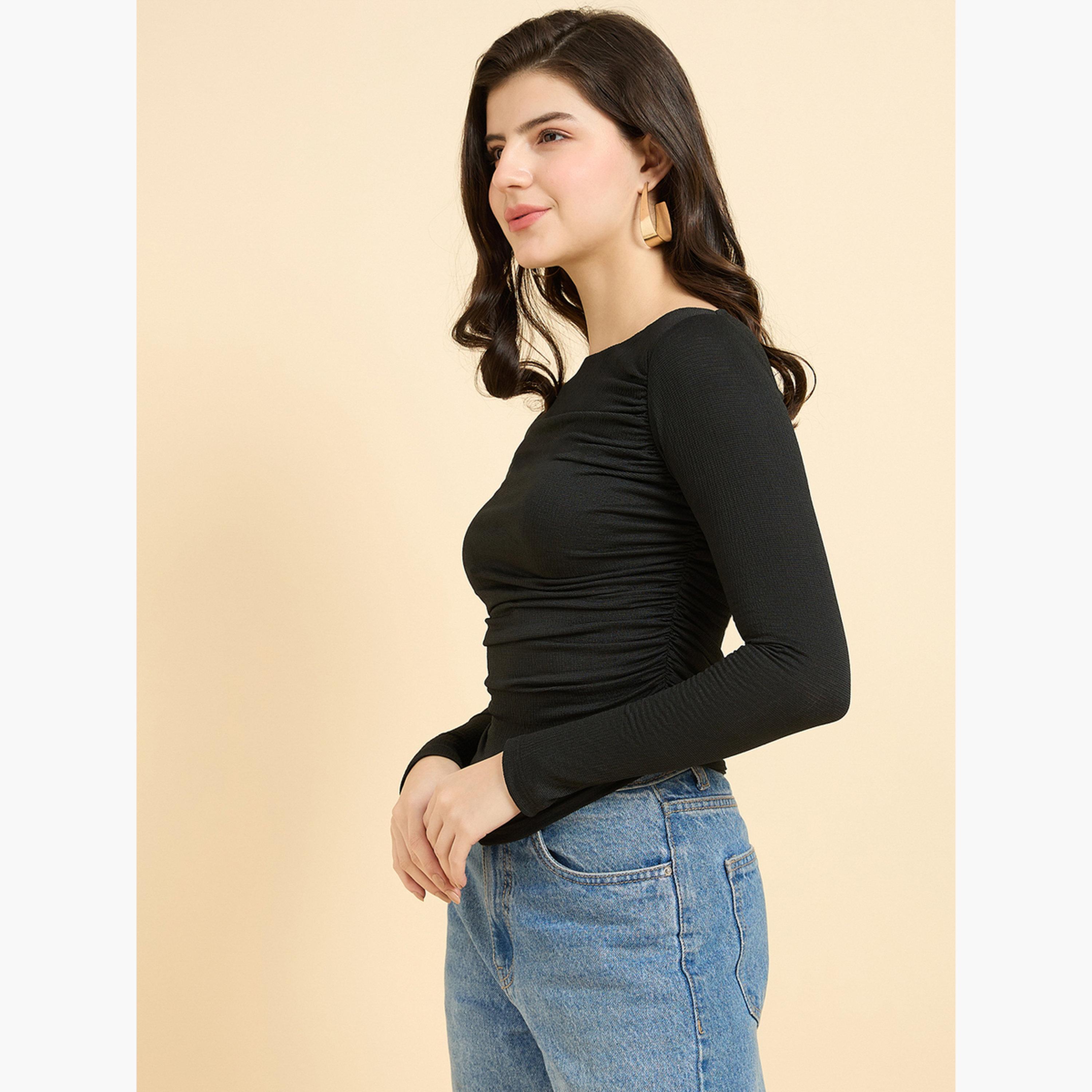 Outzidr X Styli Black Solid Long Sleeves Knit Top-women-clothing-tshirts-image-3