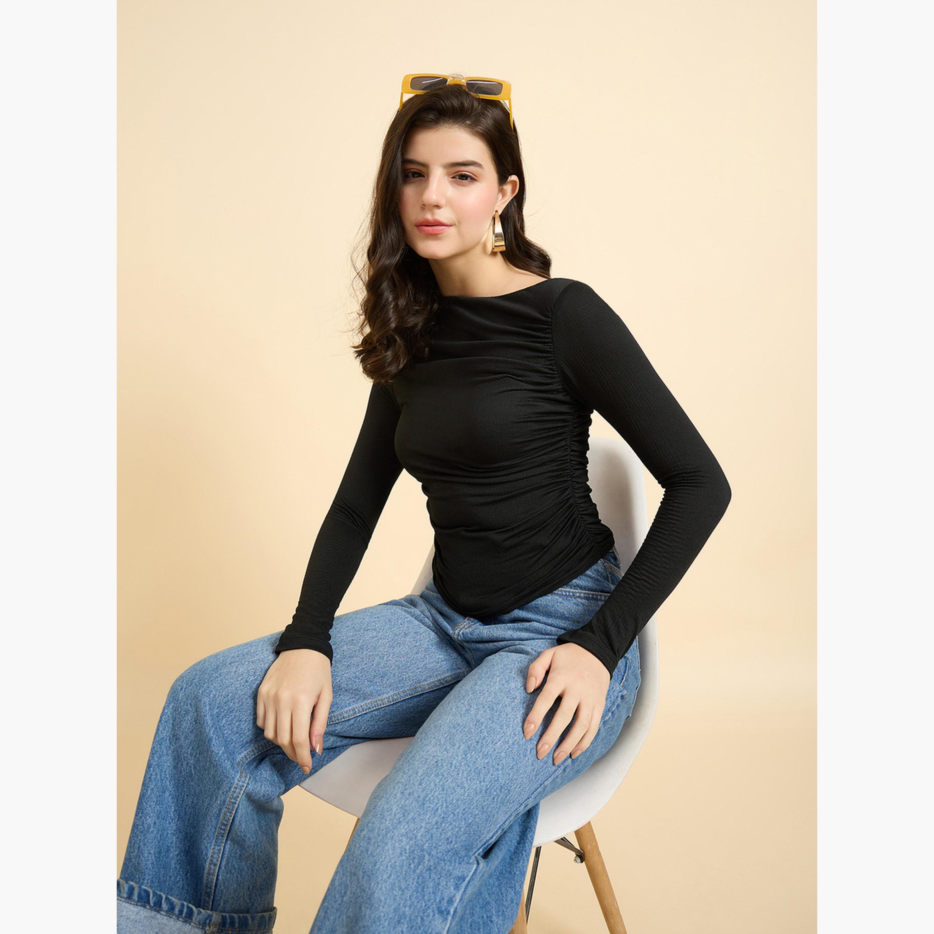 Outzidr X Styli Black Solid Long Sleeves Knit Top-women-clothing-tshirts-image-5