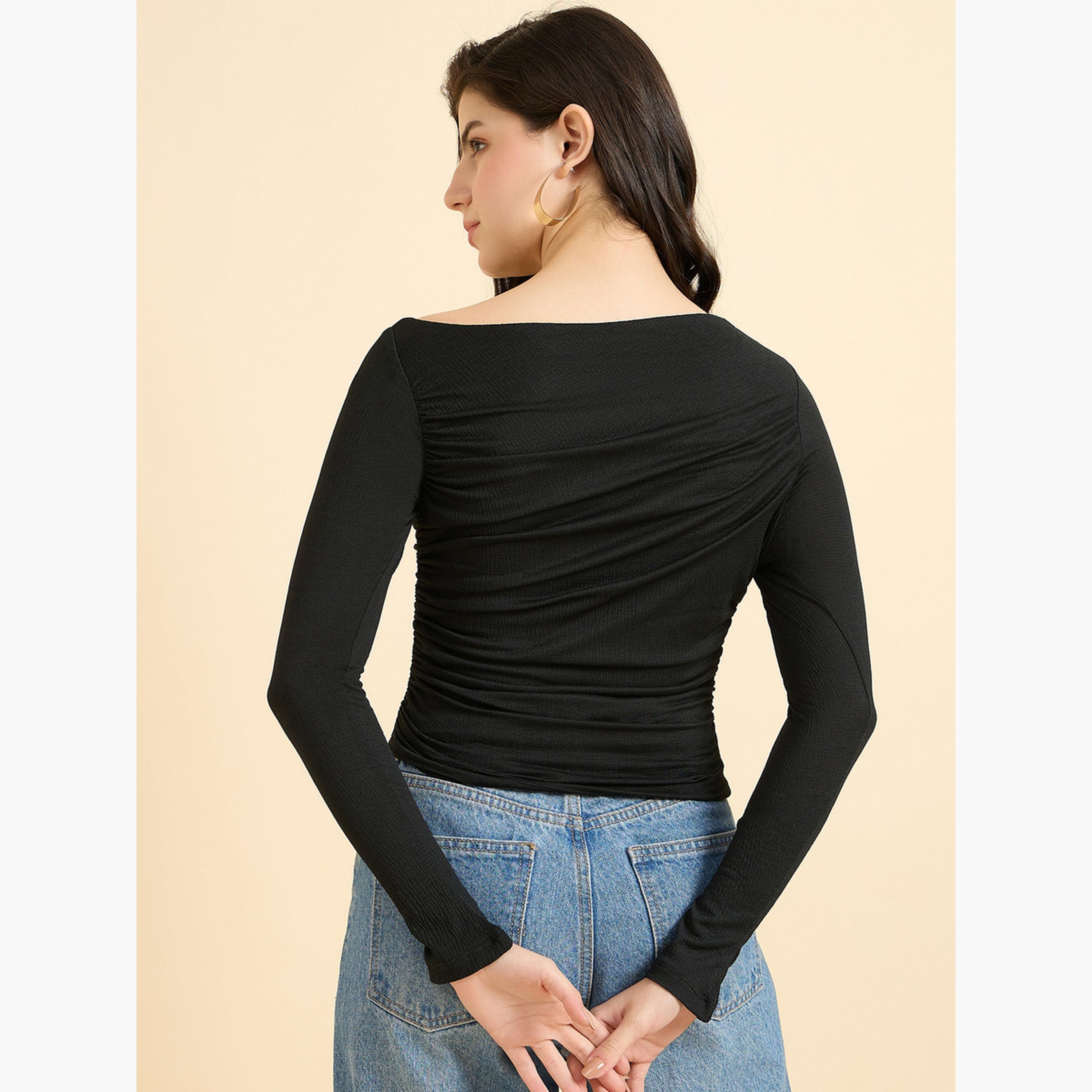 Outzidr X Styli Black Solid Long Sleeves Knit Top-women-clothing-tshirts-image-6