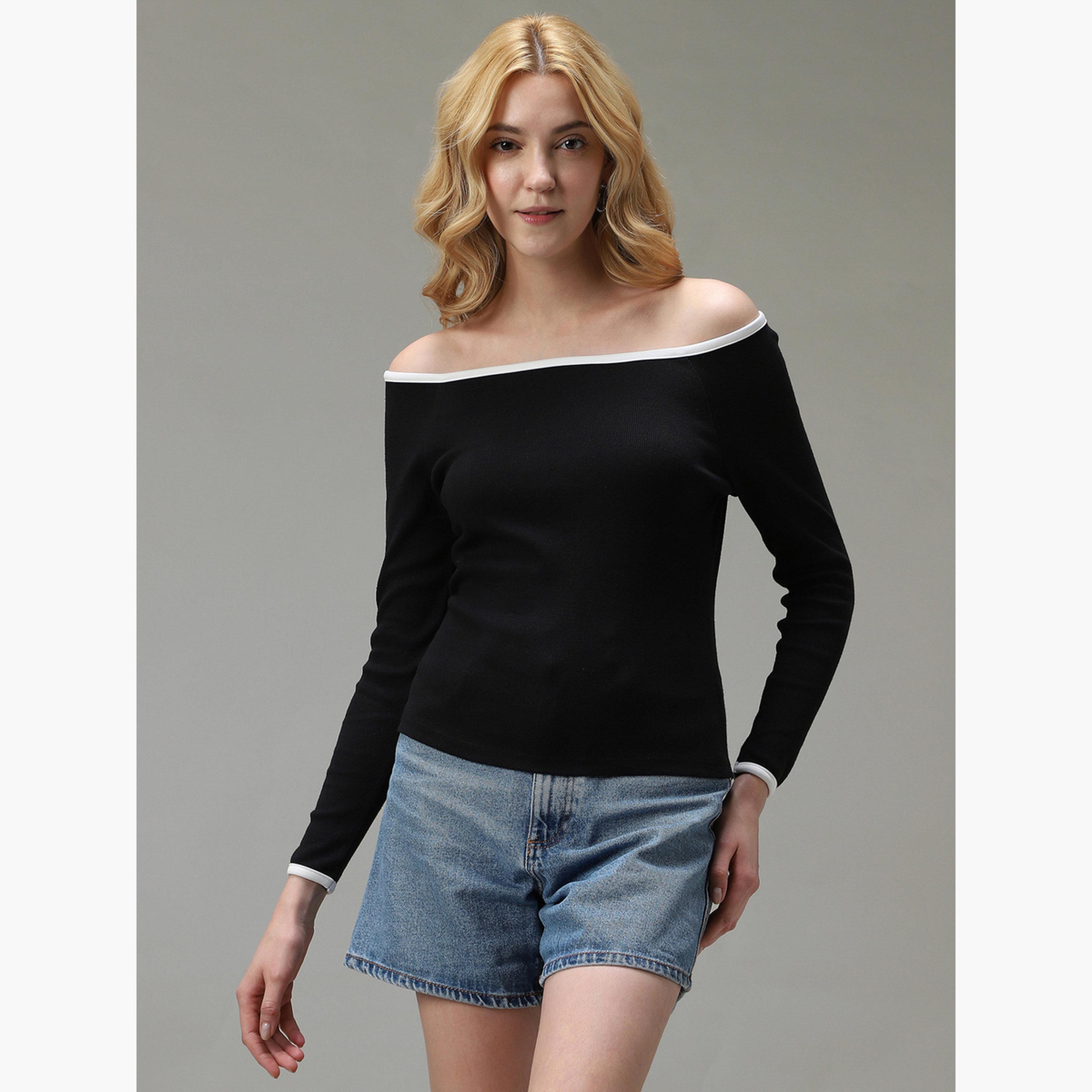 Outzidr X Styli Black Contrast Tipping Ribbed Knit Top-women-clothing-tshirts-image-1