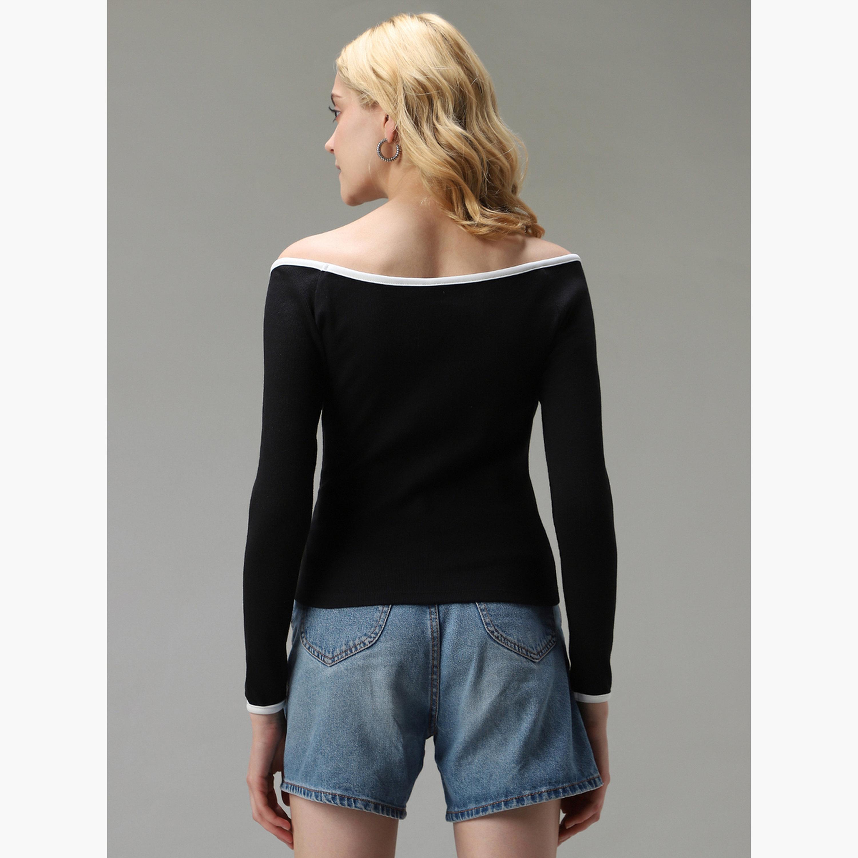 أوتزيدر × ستايلي - بلوزة سوداء محبوكة مضلعة متباينة الألوان-women-clothing-tshirts-image-6