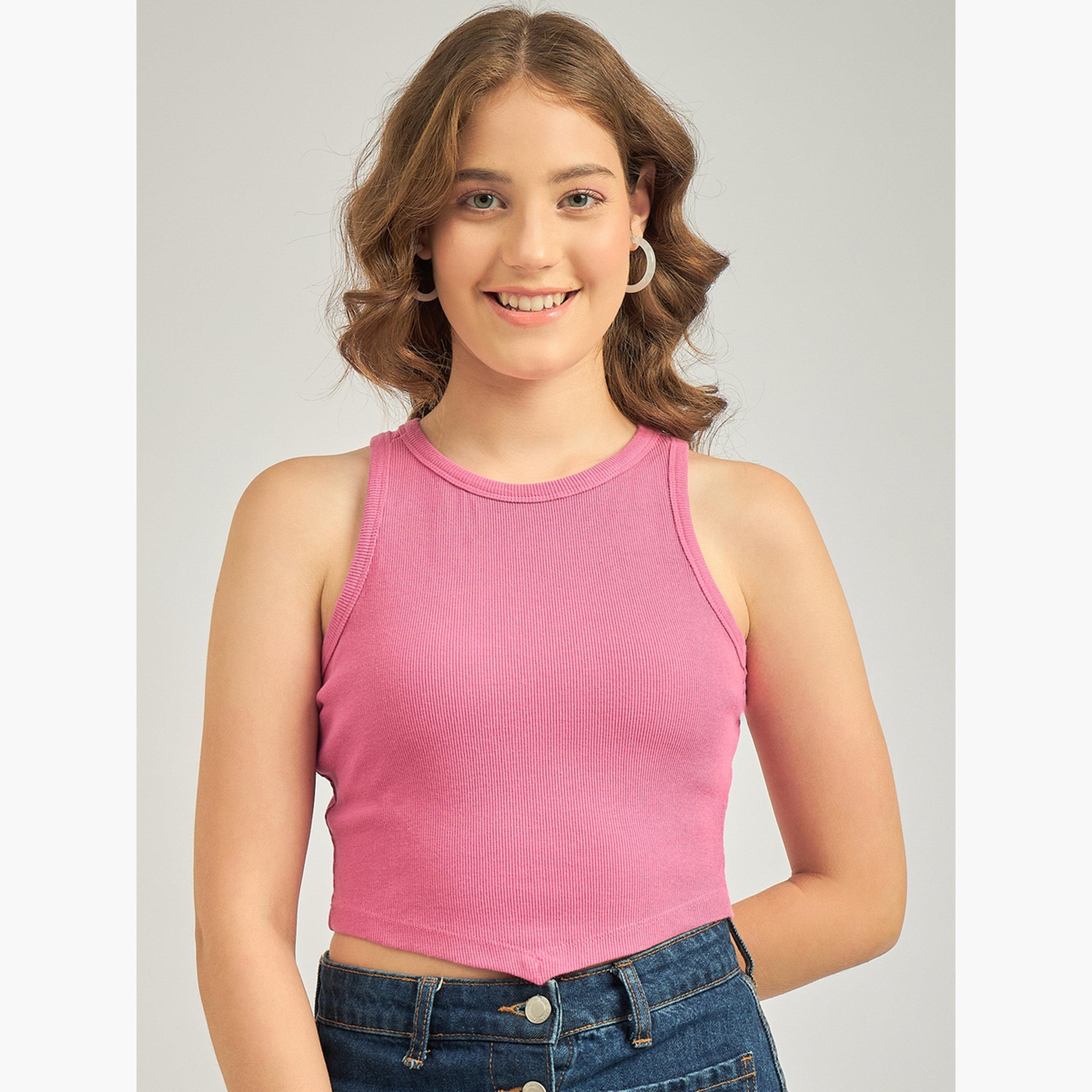 أوتزيدر × ستايلي - بلوزة بدون أكمام وردية اللون ذات حافة غير متماثلة-women-clothing-tshirts-image-1