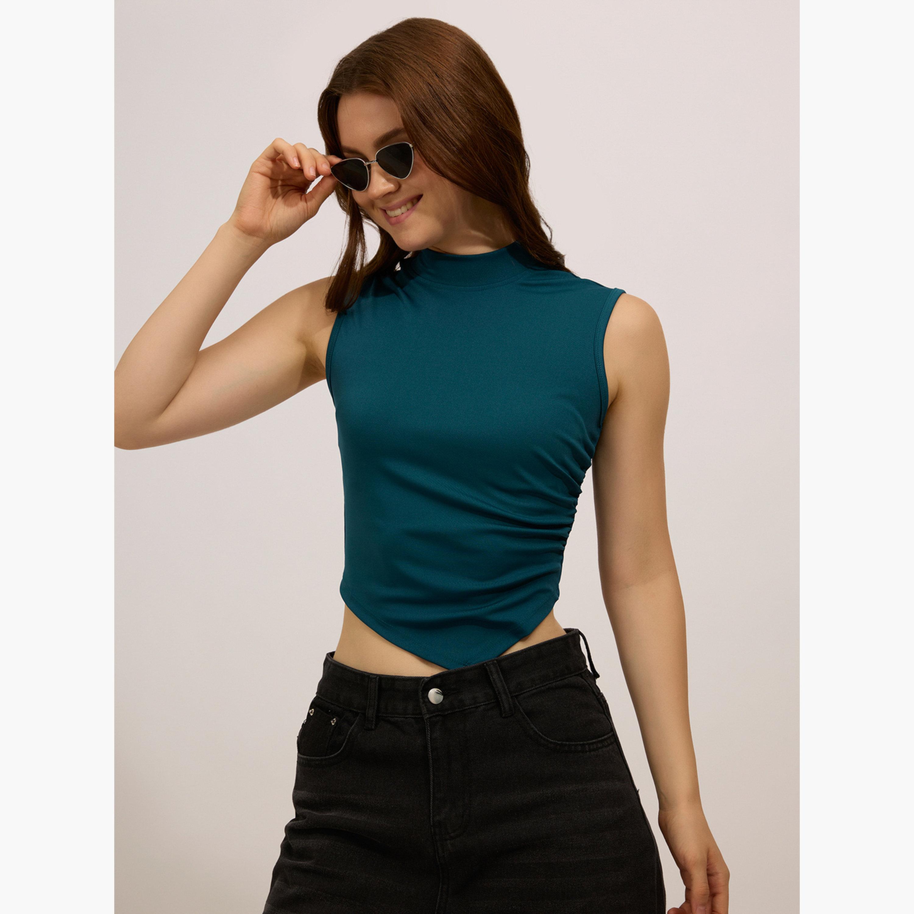 أوتزيدر × ستايلي - بلوزة زرقاء مخضرة برقبة عالية مع كشكشة جانبية-women-clothing-tshirts-image-1