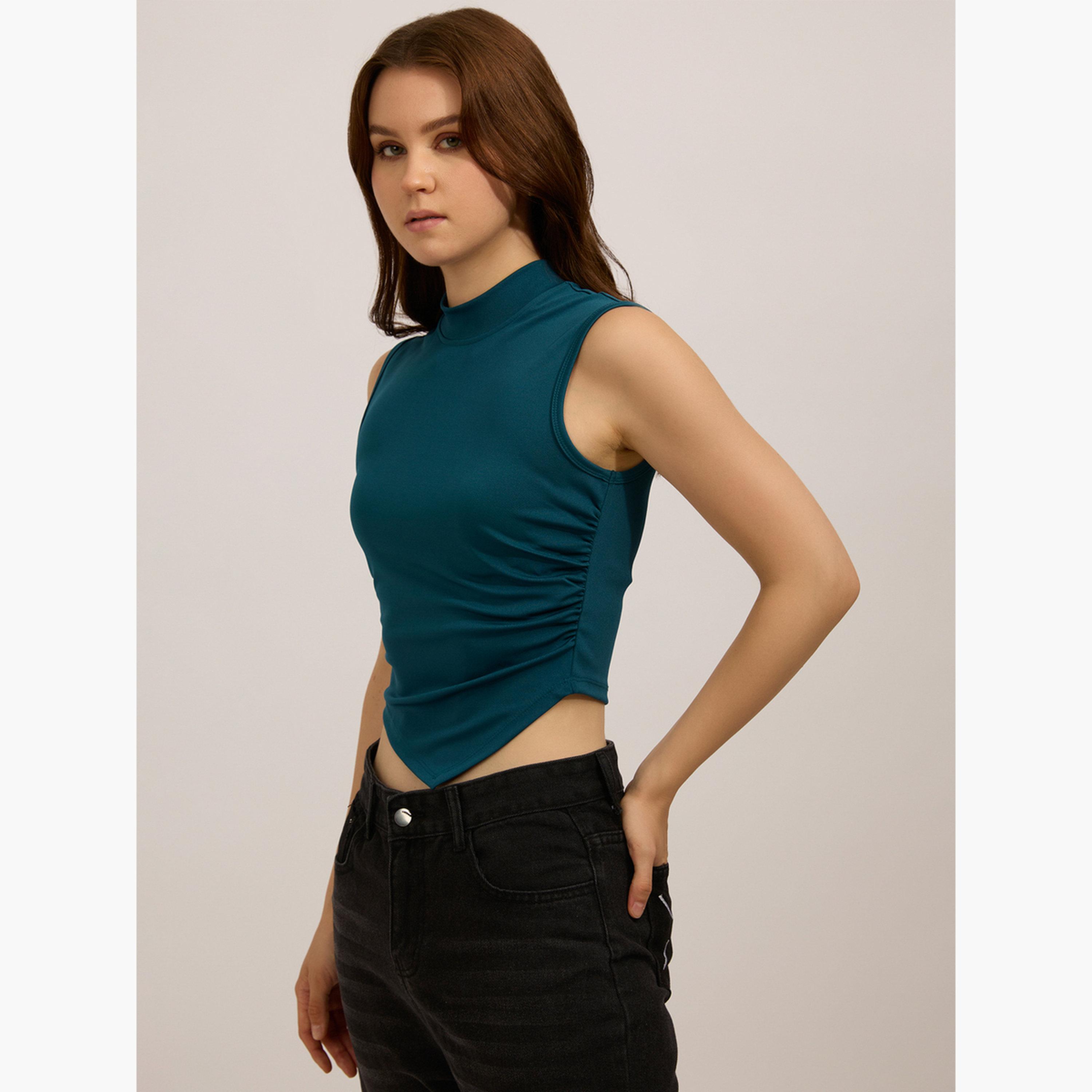 Outzidr X Styli Teal High Neck Side Ruched Top-women-clothing-tshirts-image-3
