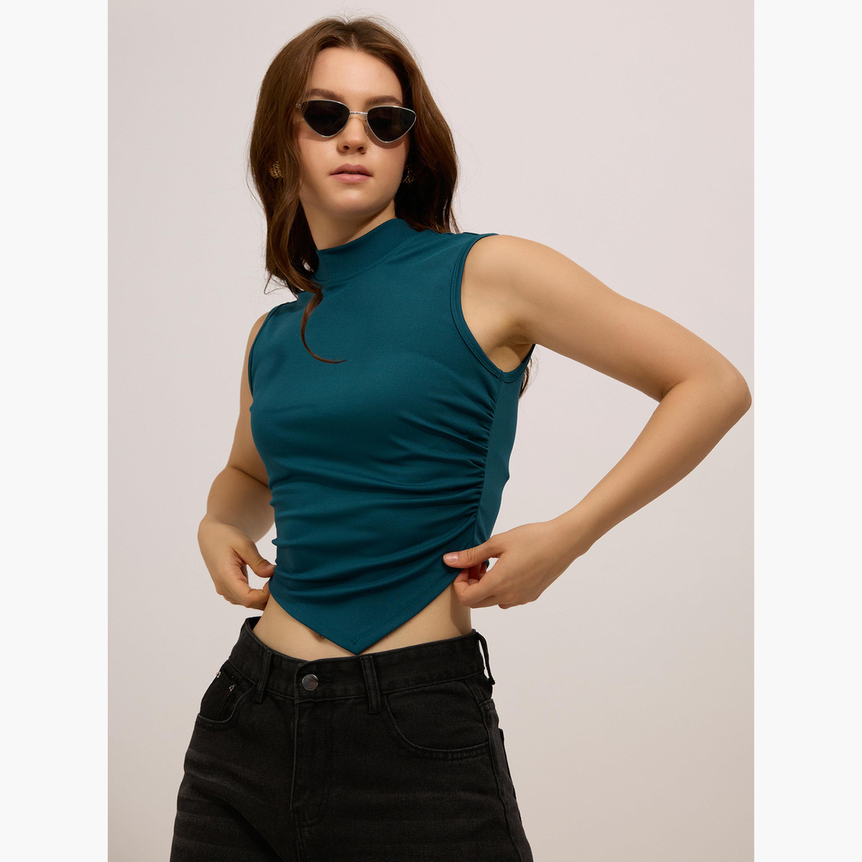 Outzidr X Styli Teal High Neck Side Ruched Top-women-clothing-tshirts-image-4