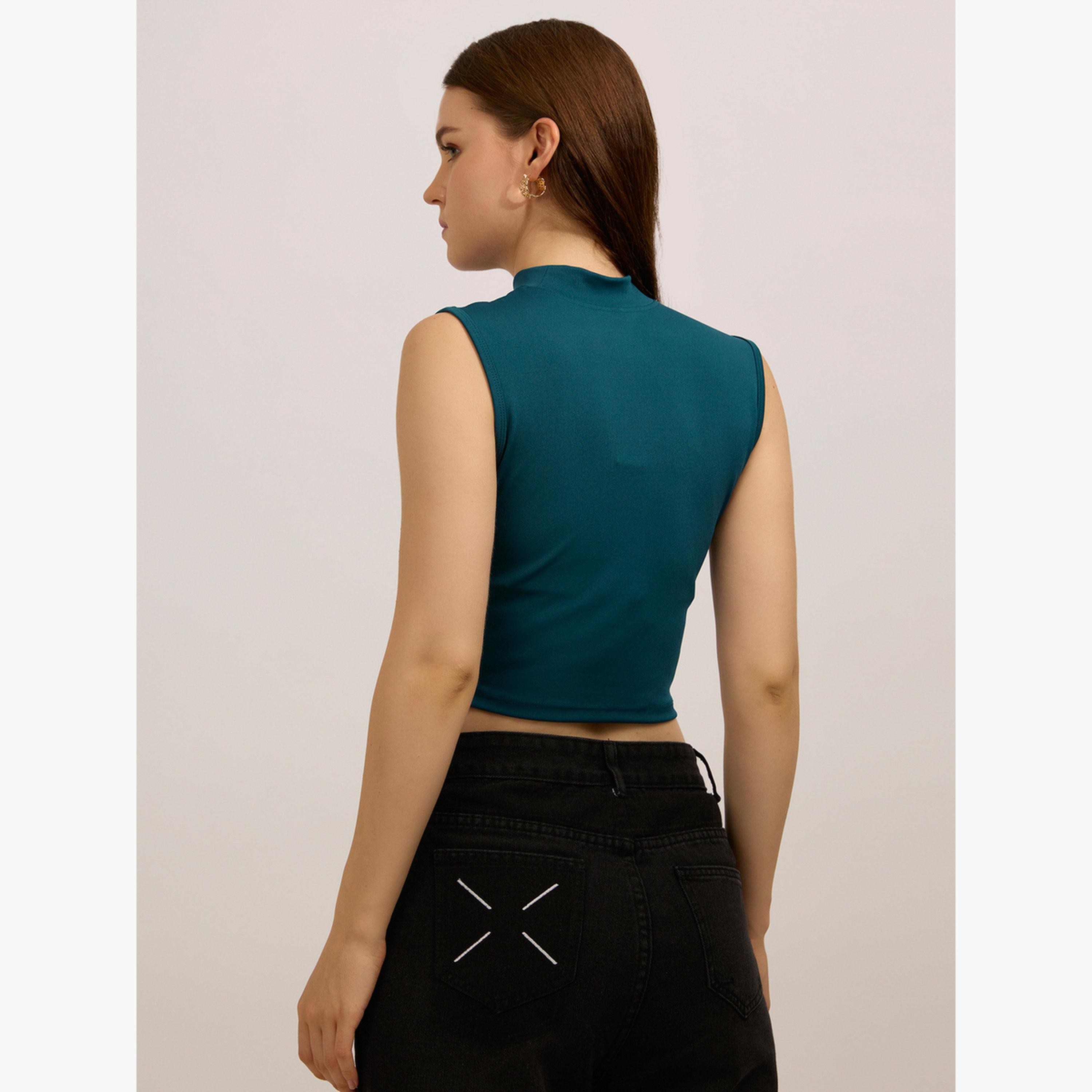 أوتزيدر × ستايلي - بلوزة زرقاء مخضرة برقبة عالية مع كشكشة جانبية-women-clothing-tshirts-image-6
