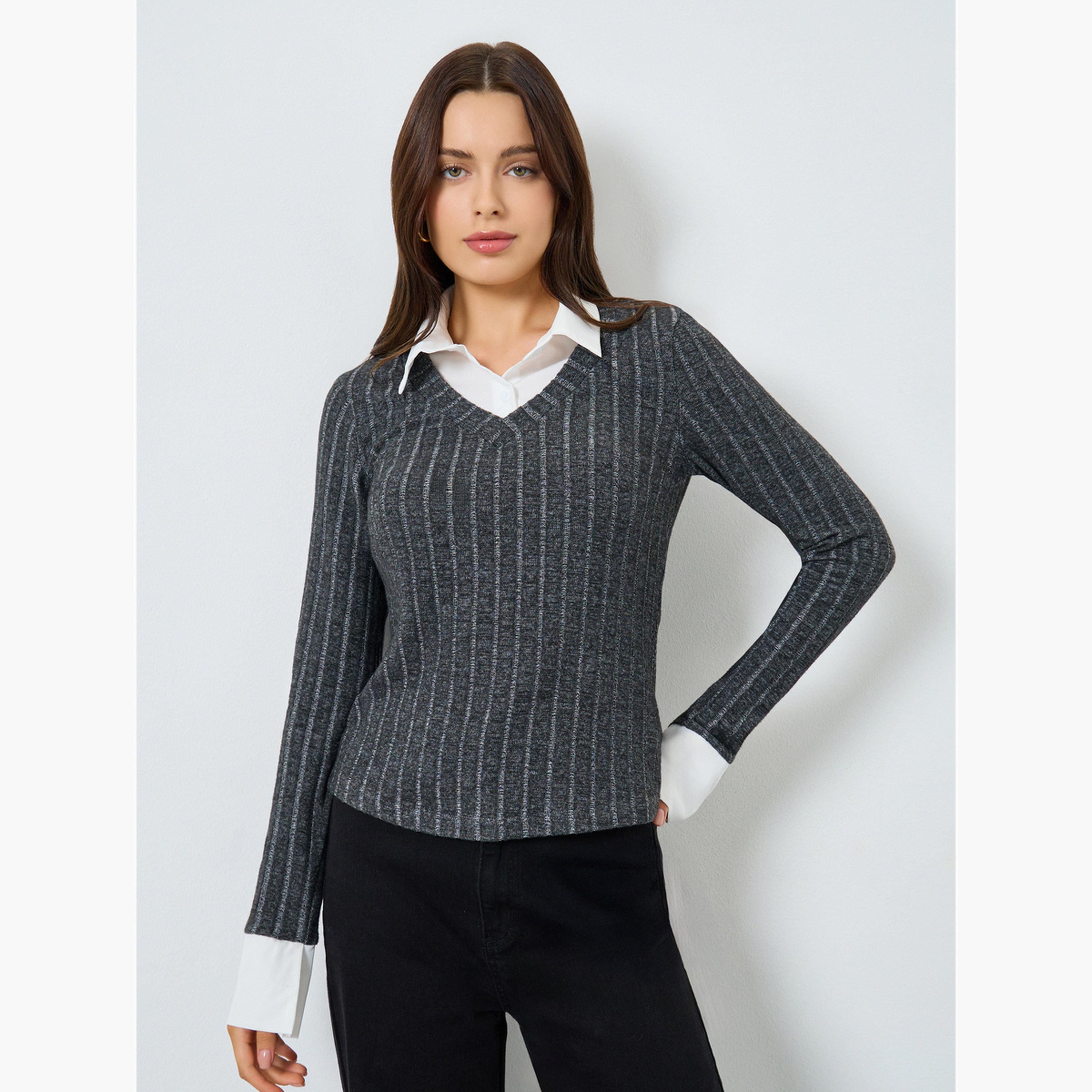 Styli Grey Long Sleeve Knit Top-women-clothing-tshirts-image-1