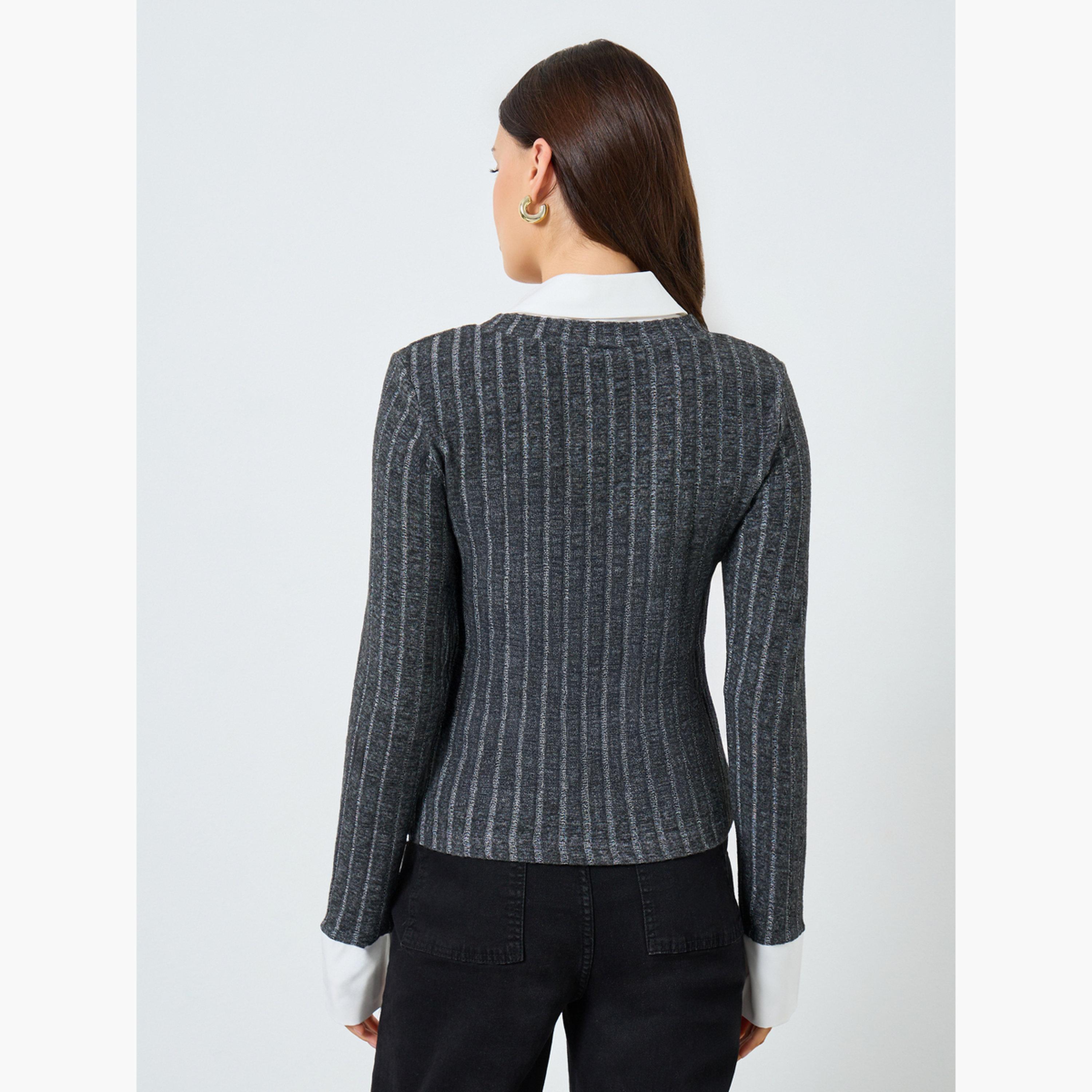ستايلي - بلوزة رمادية محبوكة بأكمام طويلة-women-clothing-tshirts-image-3