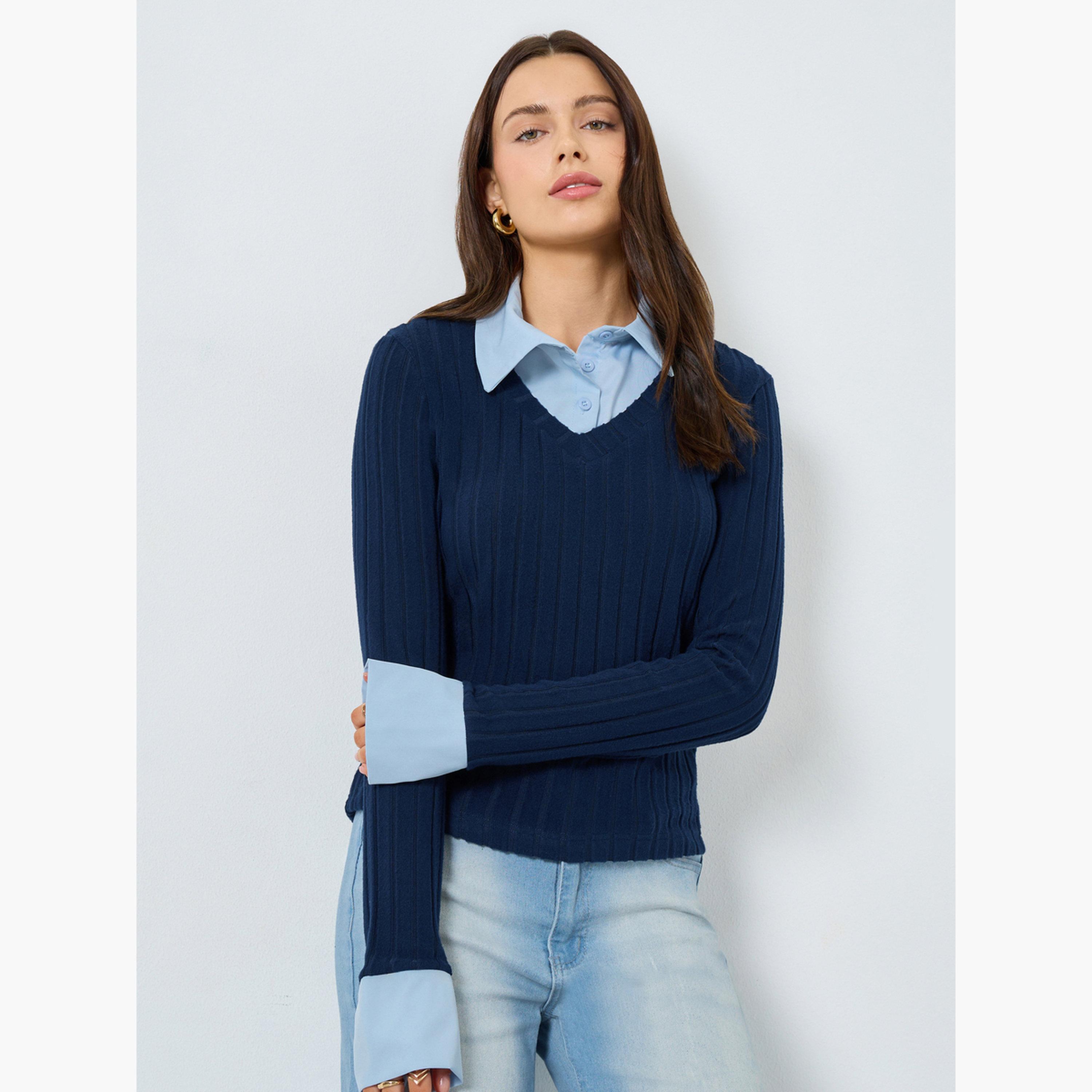 ستايلي - بلوزة محبوكة بأكمام طويلة باللون الأزرق الداكن-women-winterwear-cardigansandjumpers-jumpers-image-1