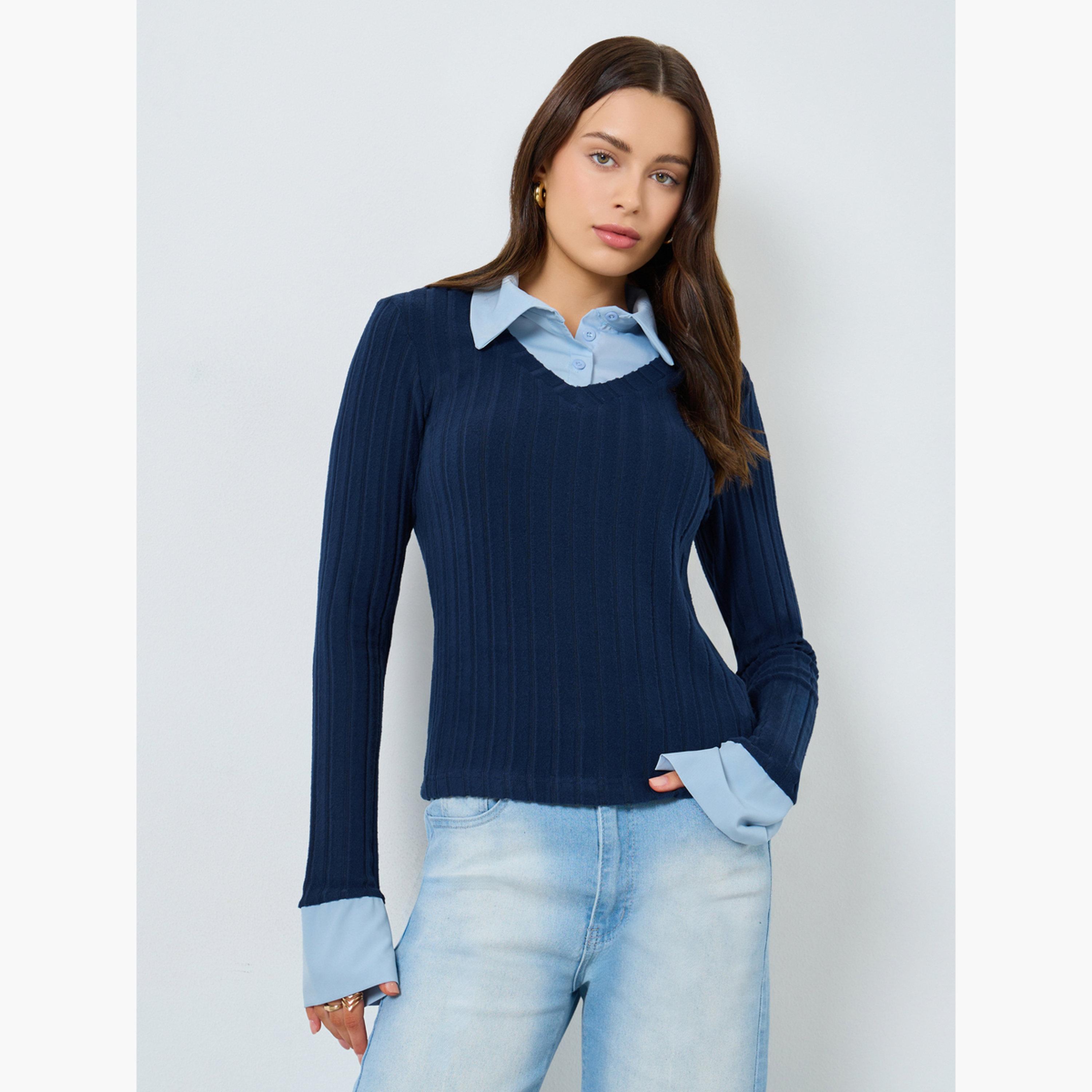 ستايلي - بلوزة محبوكة بأكمام طويلة باللون الأزرق الداكن-women-winterwear-cardigansandjumpers-jumpers-image-3