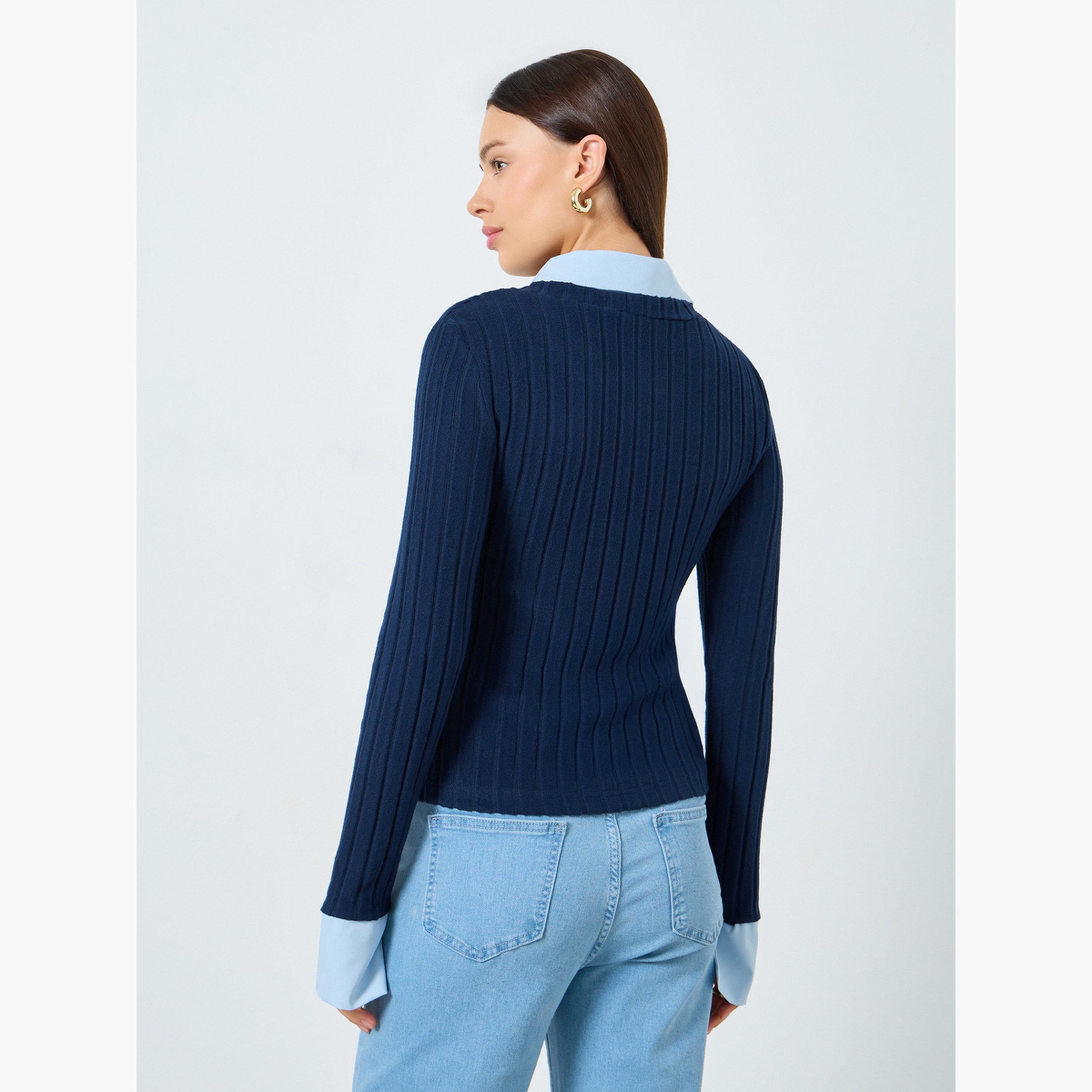 ستايلي - بلوزة محبوكة بأكمام طويلة باللون الأزرق الداكن-women-winterwear-cardigansandjumpers-jumpers-image-4