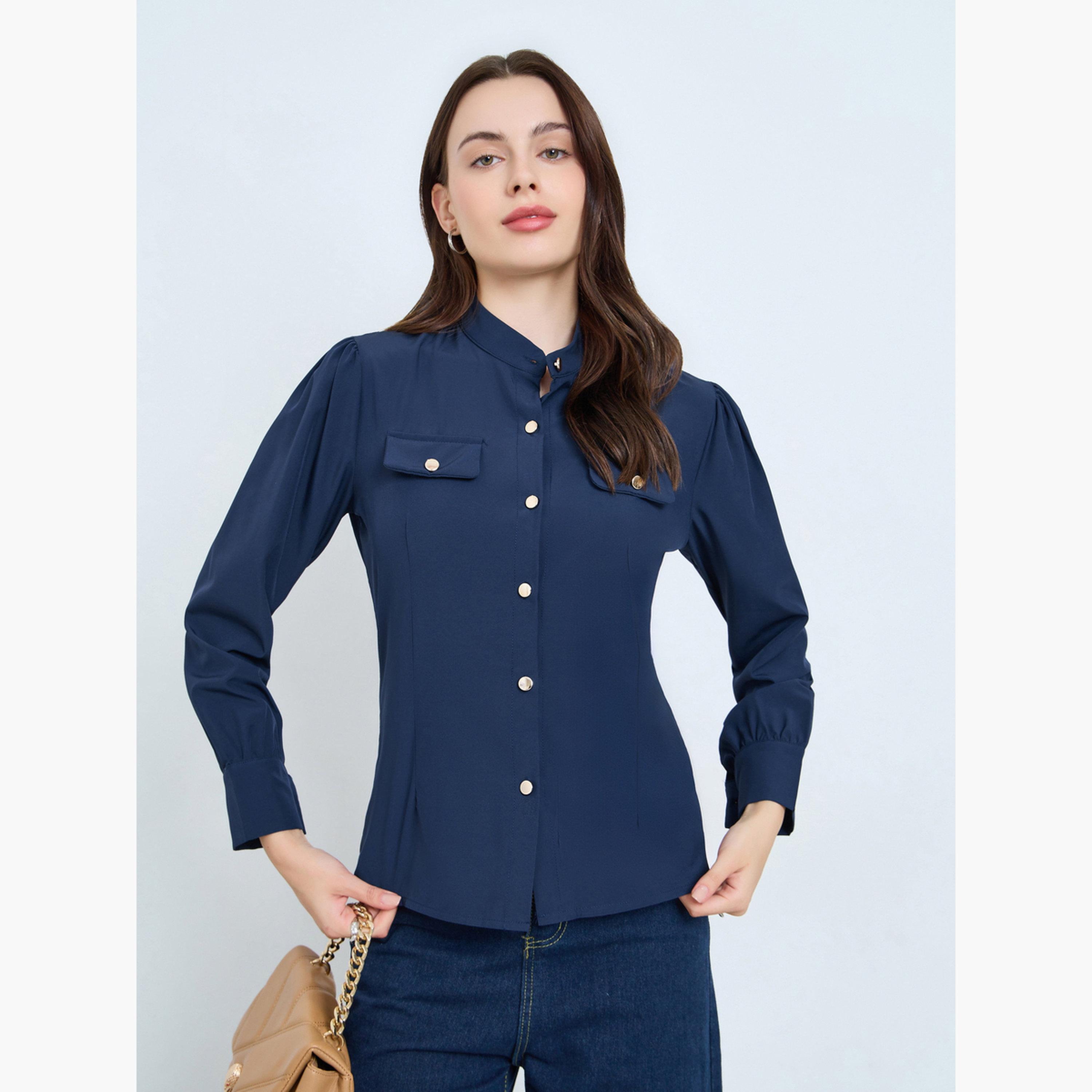 Styli Navy Blue Long Sleeve Buttoned Blouse-women-clothing-shirtsandblouses-blouses-image-1