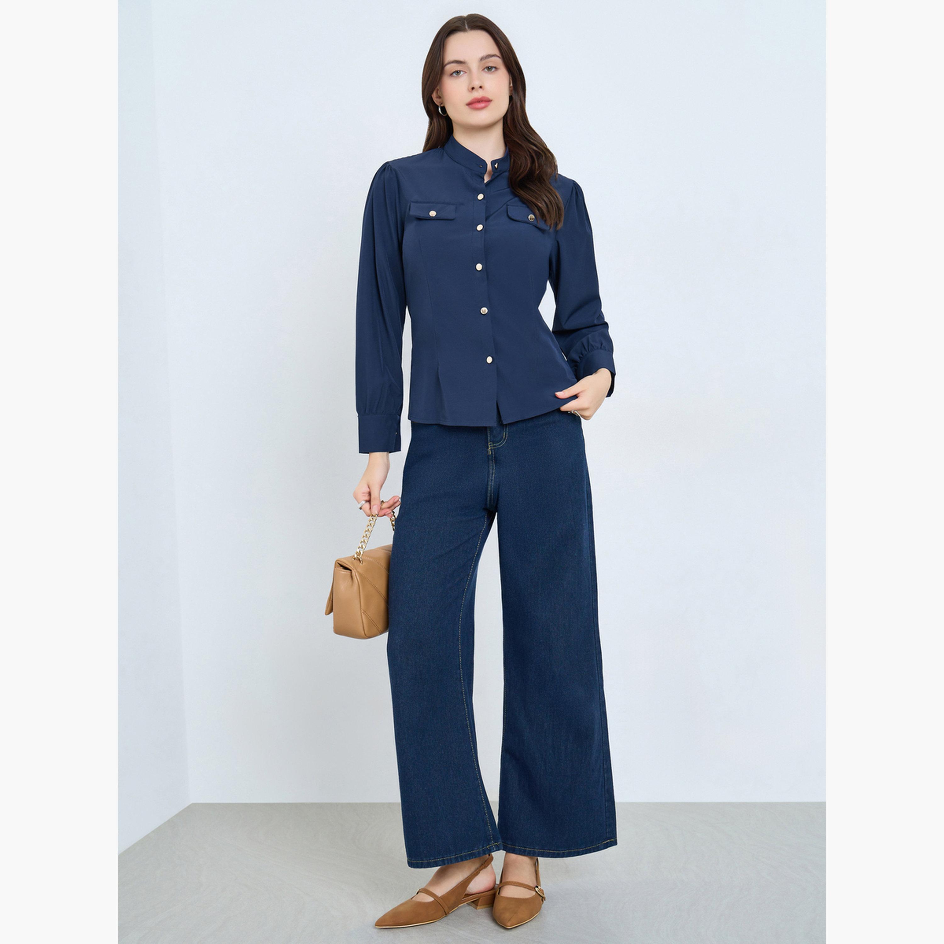 Styli Navy Blue Long Sleeve Buttoned Blouse-women-clothing-shirtsandblouses-blouses-image-2