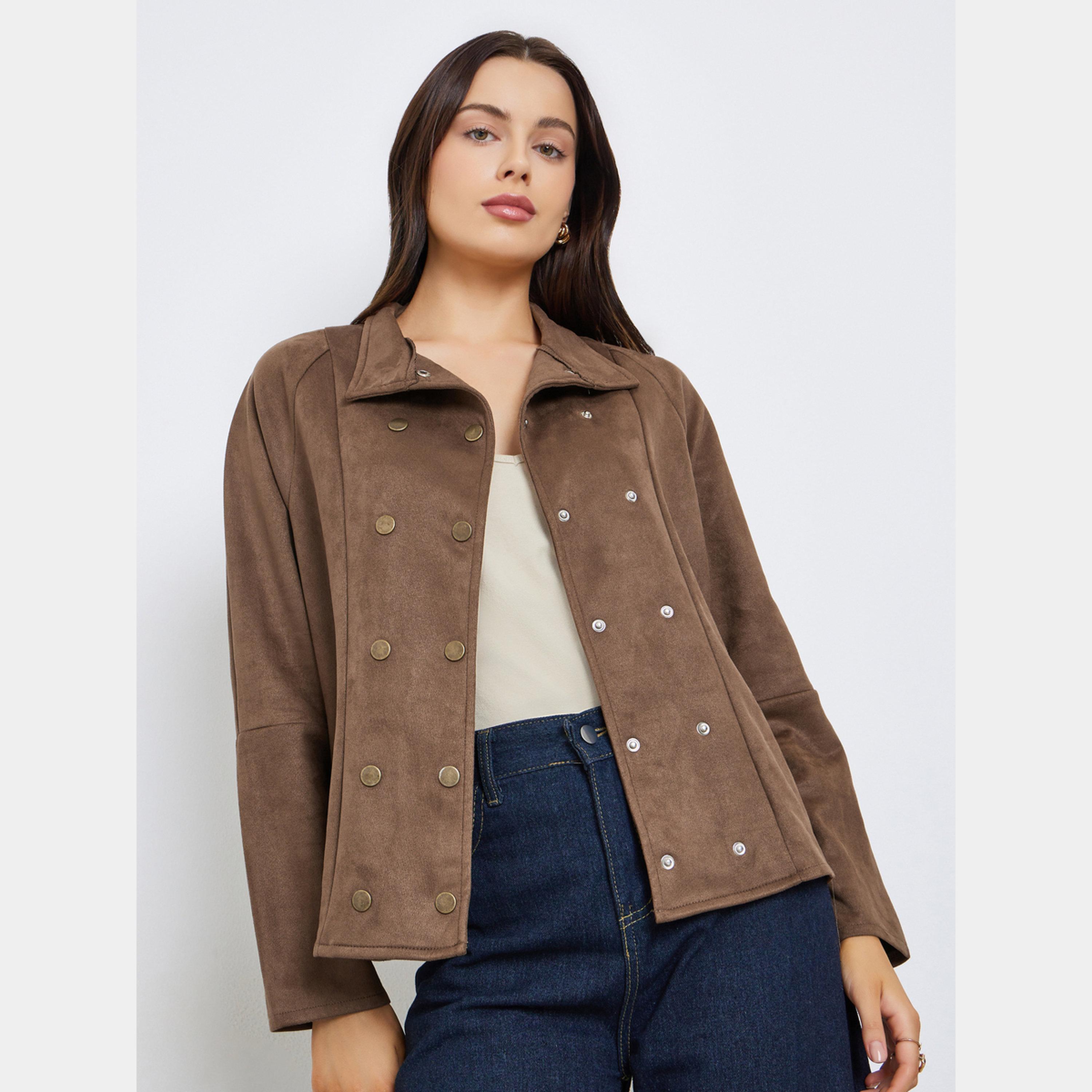 ستايلي - سترة نسائية سادة بأكمام طويلة وياقة وأزرار-women-winterwear-coatsandjackets-jackets-image-1