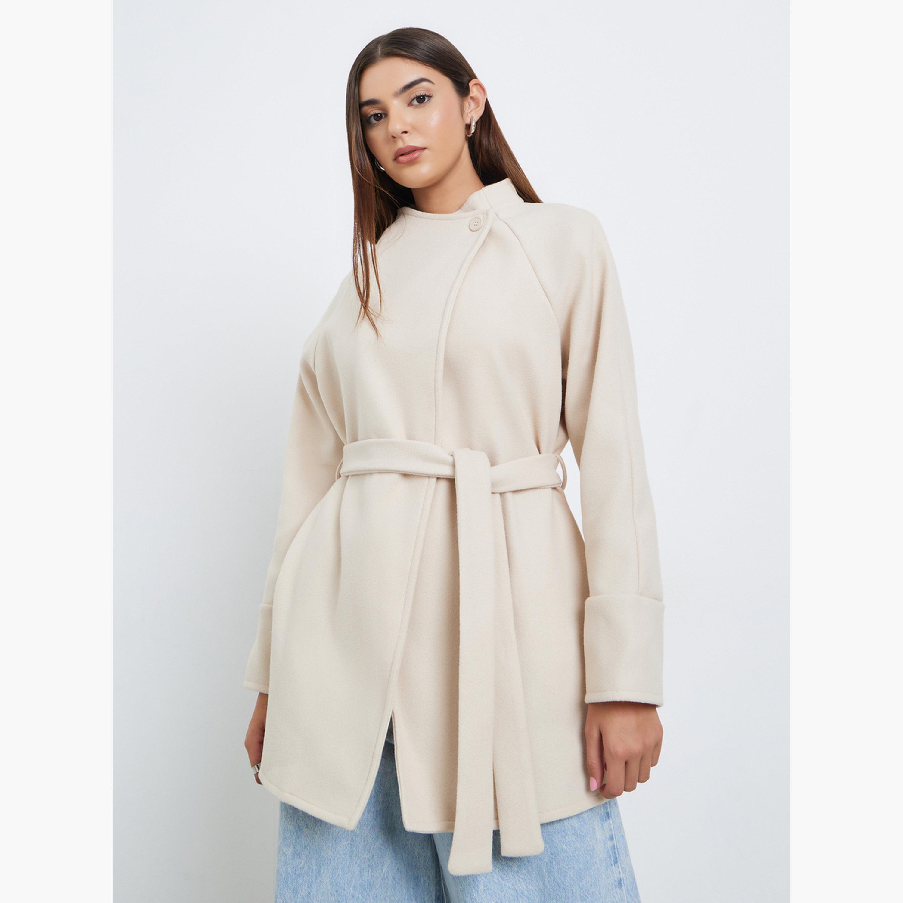 Styli Beige Plain High Neck	Long Sleeves Women's Mid-Length Open Front Coat with Fabric Belt-women-winterwear-coatsandjackets-coats-image-1