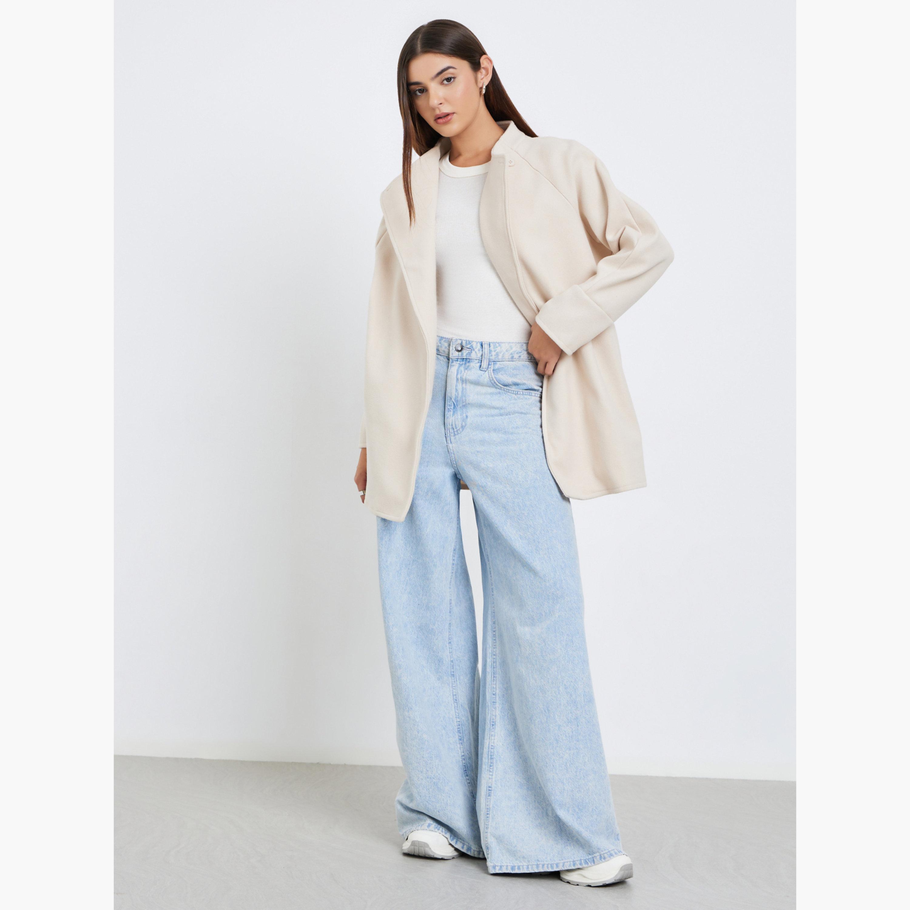 Styli Beige Plain High Neck	Long Sleeves Women's Mid-Length Open Front Coat with Fabric Belt-women-winterwear-coatsandjackets-coats-image-2