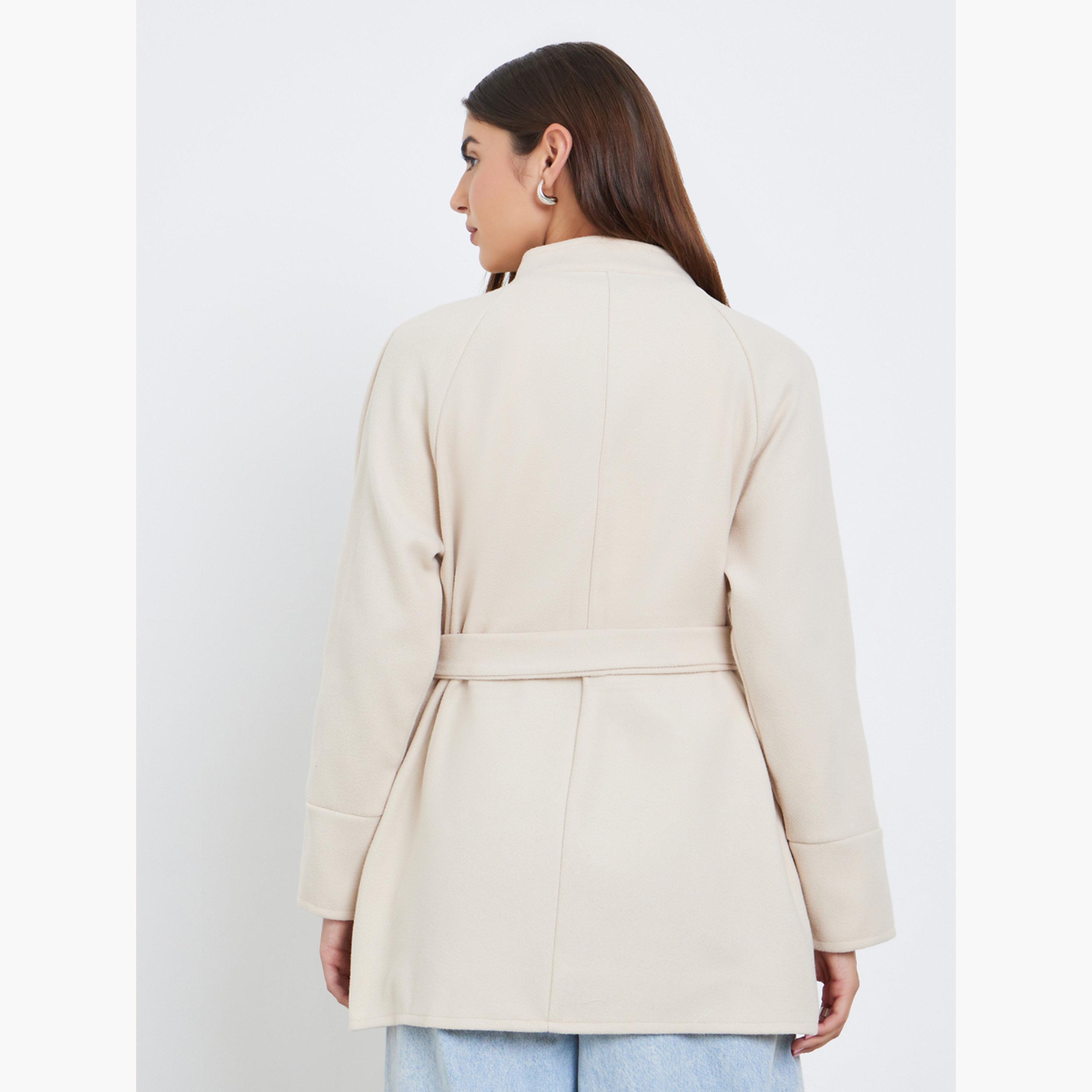 Styli Beige Plain High Neck	Long Sleeves Women's Mid-Length Open Front Coat with Fabric Belt-women-winterwear-coatsandjackets-coats-image-3