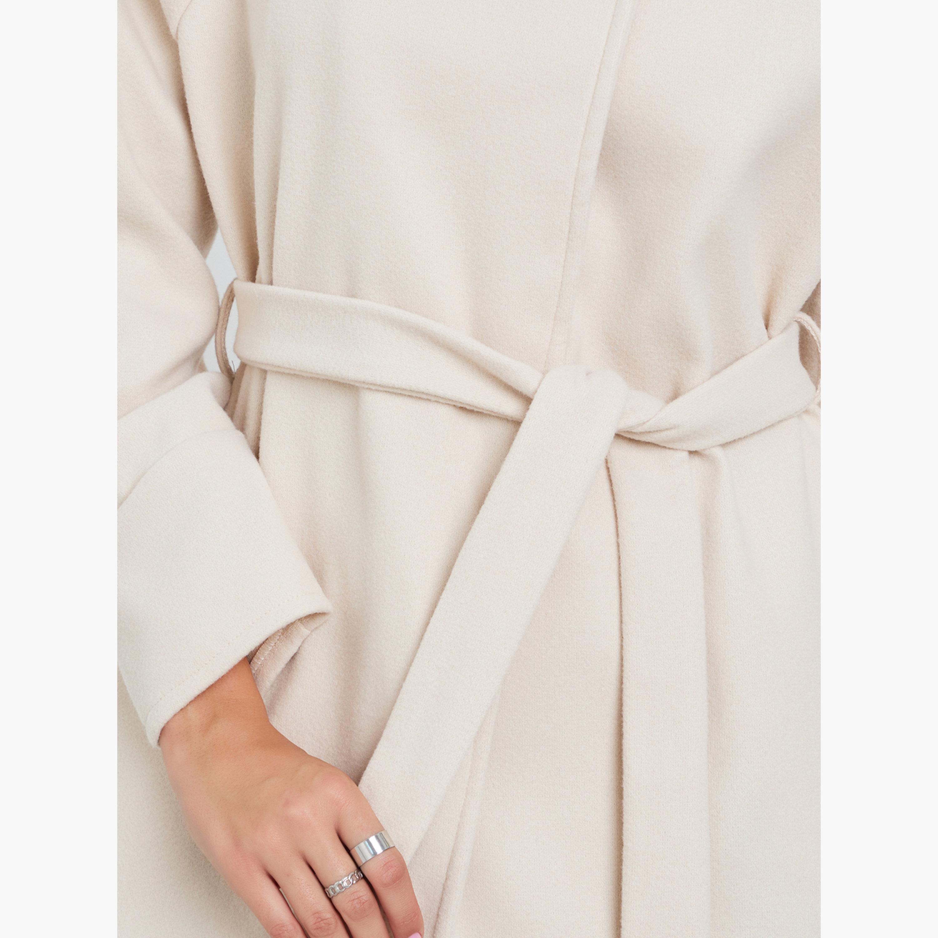 Styli Beige Plain High Neck	Long Sleeves Women's Mid-Length Open Front Coat with Fabric Belt-women-winterwear-coatsandjackets-coats-image-4