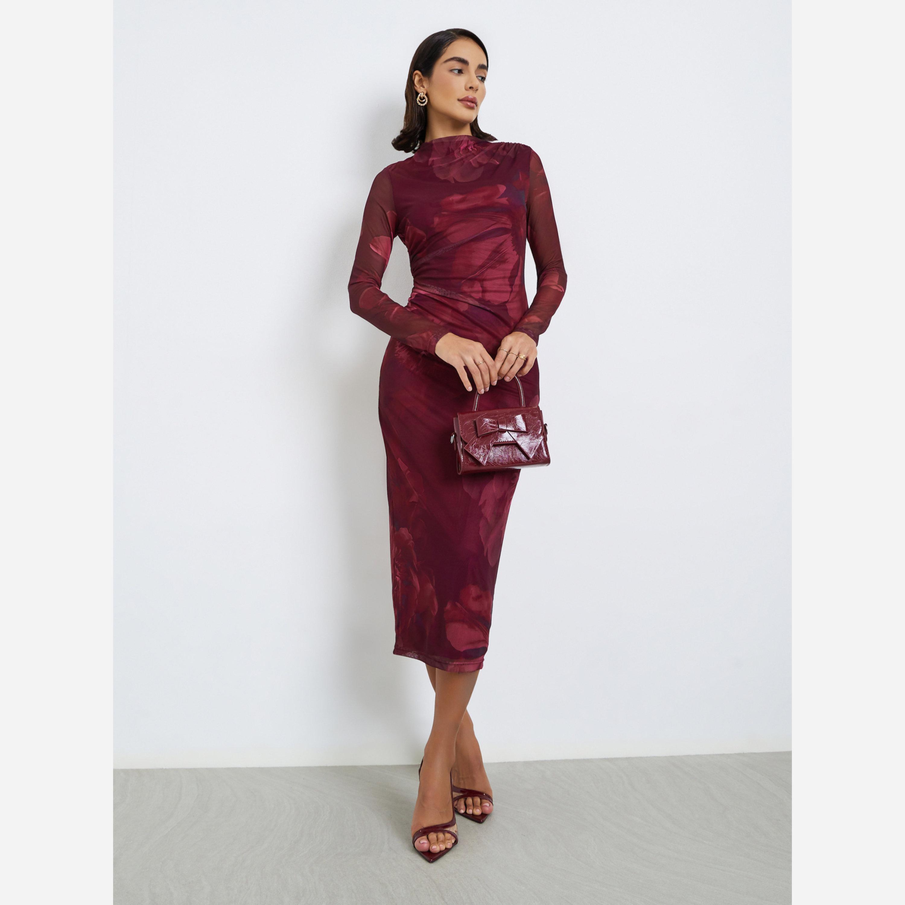 ستايلي - فستان متوسط الطول ضيق طبعة زهور للنساء-women-clothing-dresses-image-1