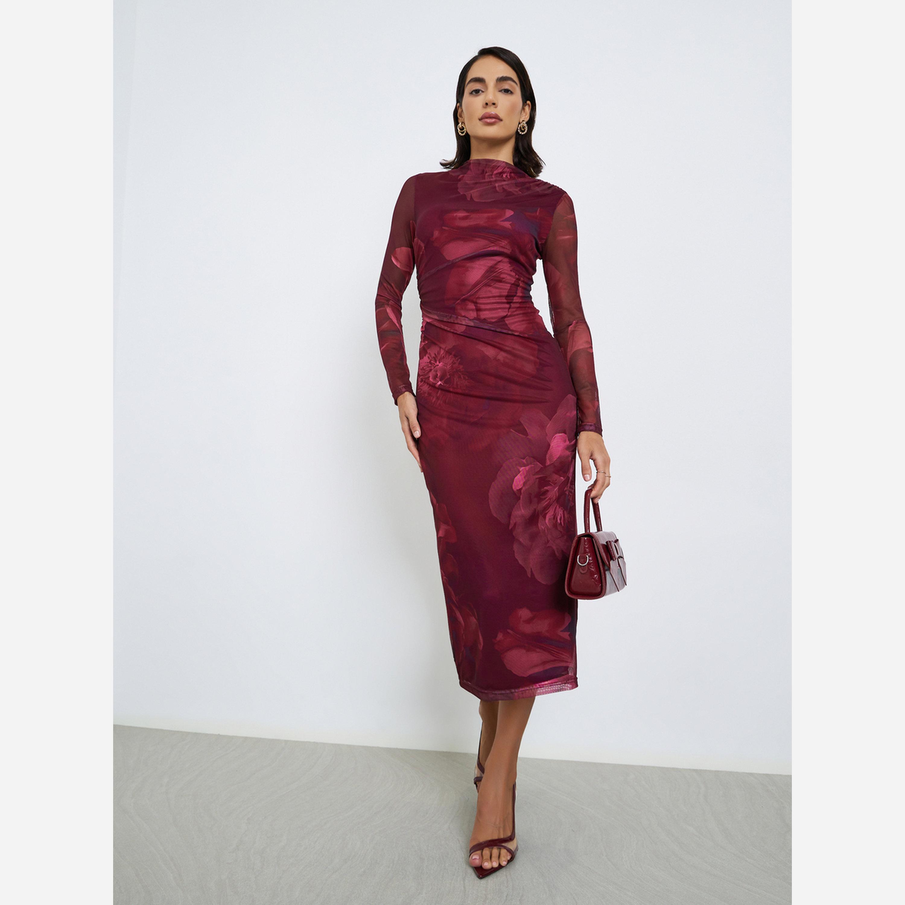 ستايلي - فستان متوسط الطول ضيق طبعة زهور للنساء-women-clothing-dresses-image-2