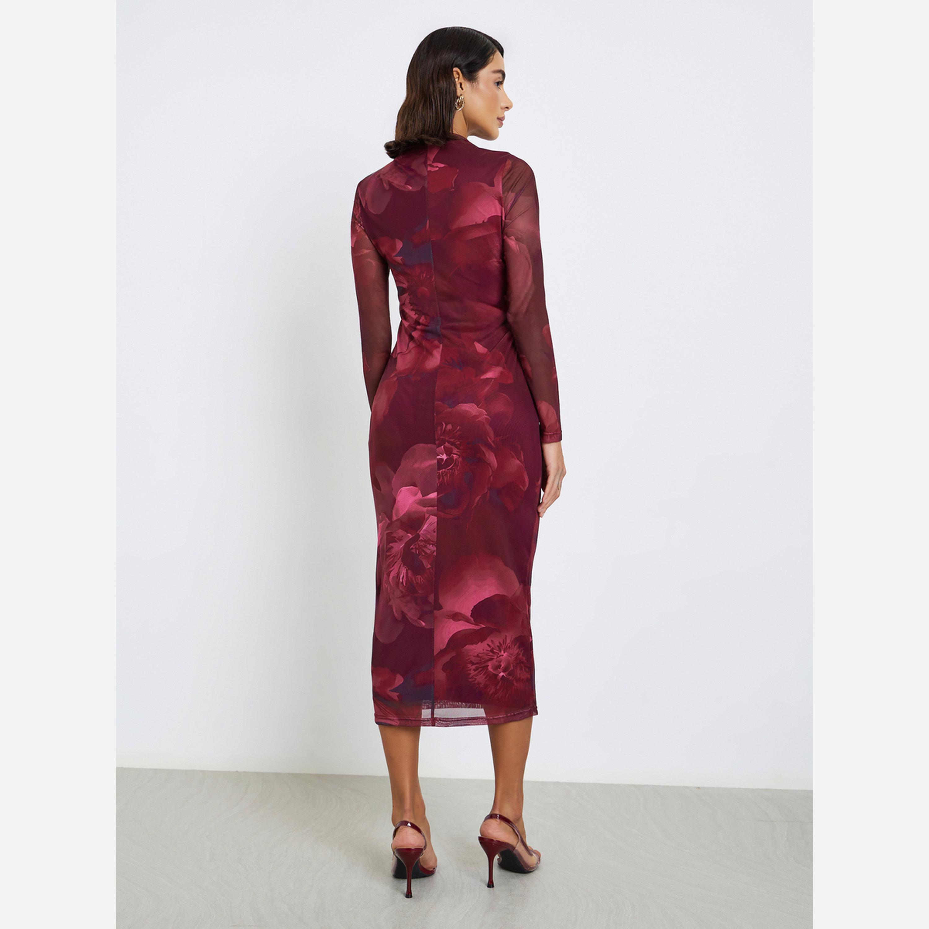 ستايلي - فستان متوسط الطول ضيق طبعة زهور للنساء-women-clothing-dresses-image-3